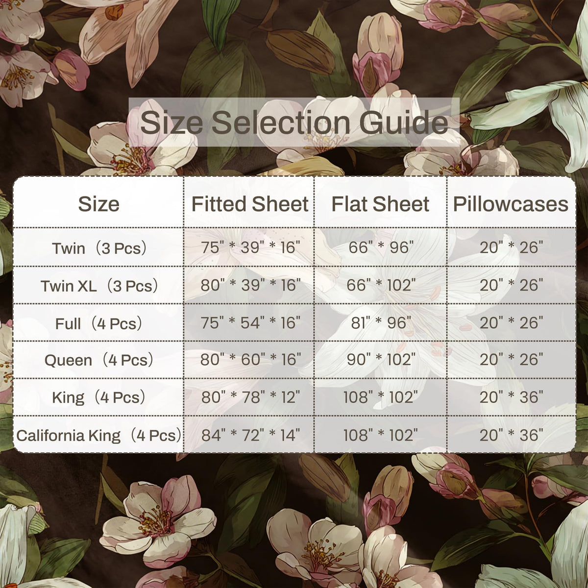 Lily Floral Sheet Set, 4 Pcs Full Size Botanical Bed Sheets