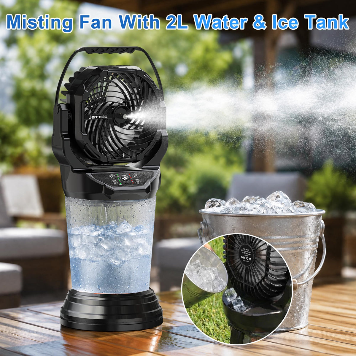 Jercoda Rechargeable Misting Fan for Outdoor,30000mAh Portable Misting Fan with 2L Water Tank,120°Auto Oscillating with Remote Camping Mister Fans for Outside Patio,Camping,Garden,Backyard