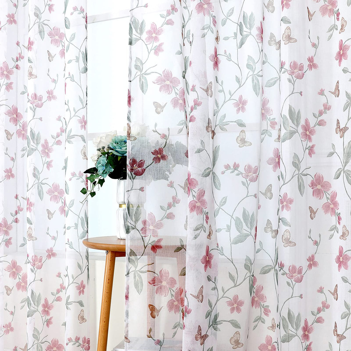 Tollpiz Sheer Floral Curtain Pink Flower Butterfly Printed Bedroom Curtains Rod Pocket Voile Faux Linen Window Curtain for Living Room, 54 x 84 inches Long, Set of 2 Panels