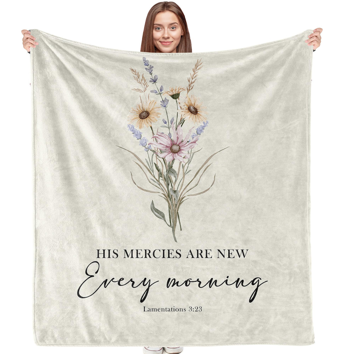 VRW His Mercies are New Every Morning Christian Blanket, Boho Floral Christian Bible Verse Flannel Throw Blankets for Women, Religious Prayer Hug Blankets for Bedroom Living Room Couch Sofa,50x60 Inch
