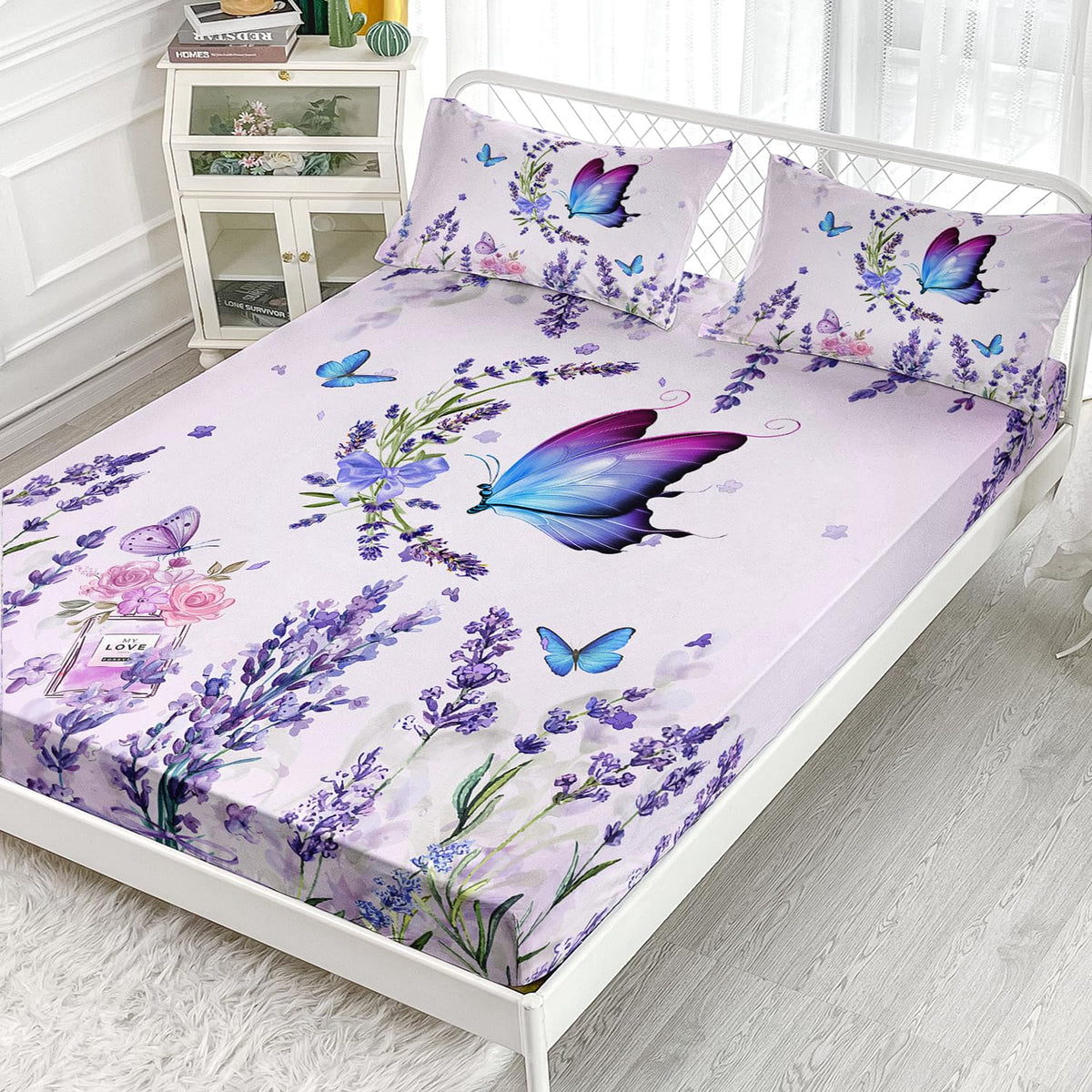 AILONEN Purple Butterfly Fitted Sheet Twin Size, Blossoming Lavender Floral Bedding Set- Flying Butterfly Bring Flowers Book Print Bed Sheet 3 Pieces Set, 1 Fitted Sheet and 2 Pillowcases