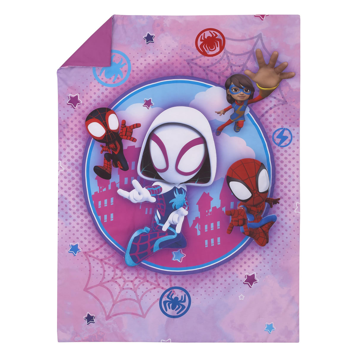 NoJo Marvel Ghost Spider, Go Ghosty Purple, Pink, and Blue 4 Piece Toddler Bed Set - Comforter, Fitted Bottom Sheet, Flat Top Sheet, and Reversible Pillowcase