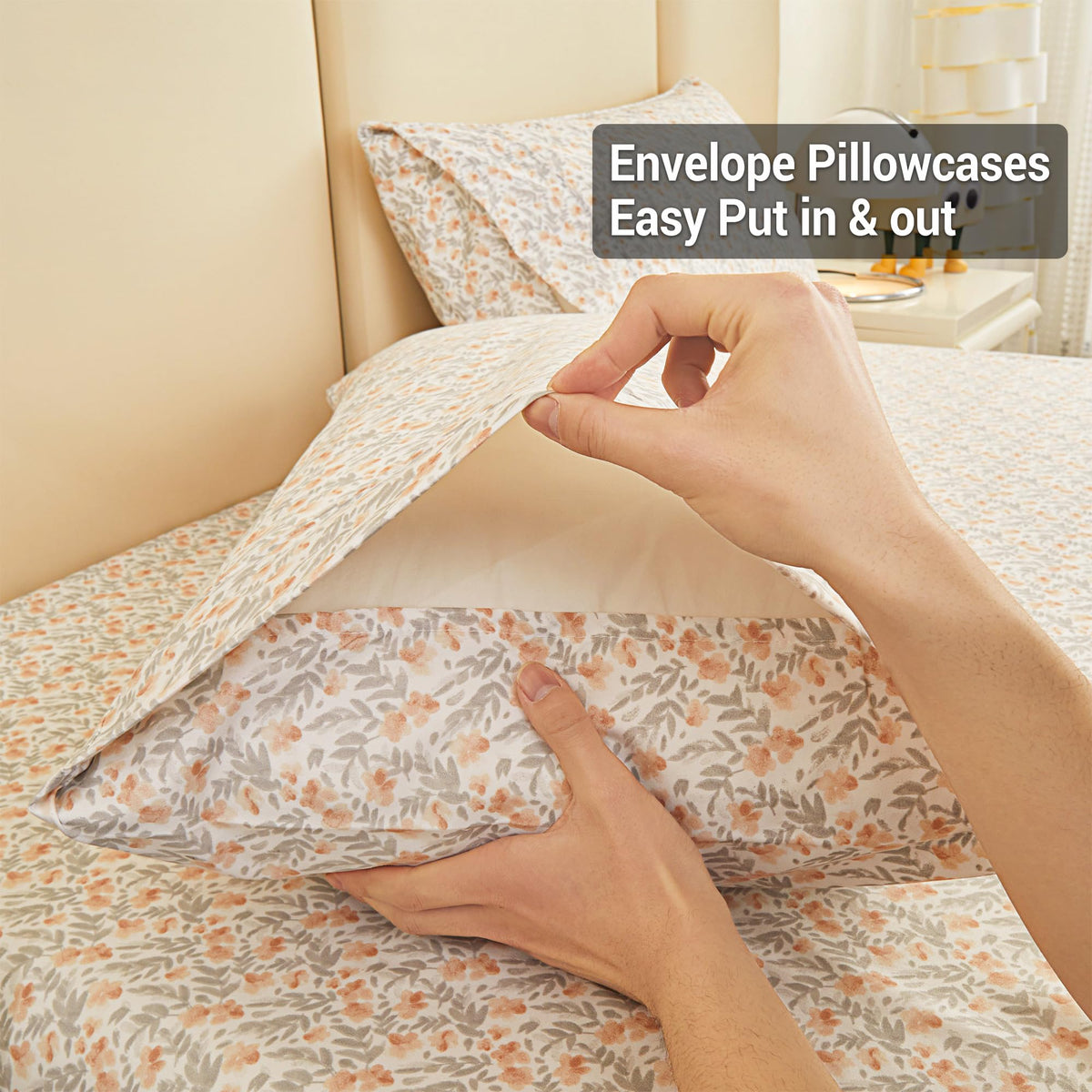 Viviland Floral Twin Sheet Set - 3 Piece Vintage Light Orange Flower Patterned Bed Sheets - Soft, Breathable Microfiber Sheets with Deep Pocket, Non-Slip Fitted Sheets & Pillowcases