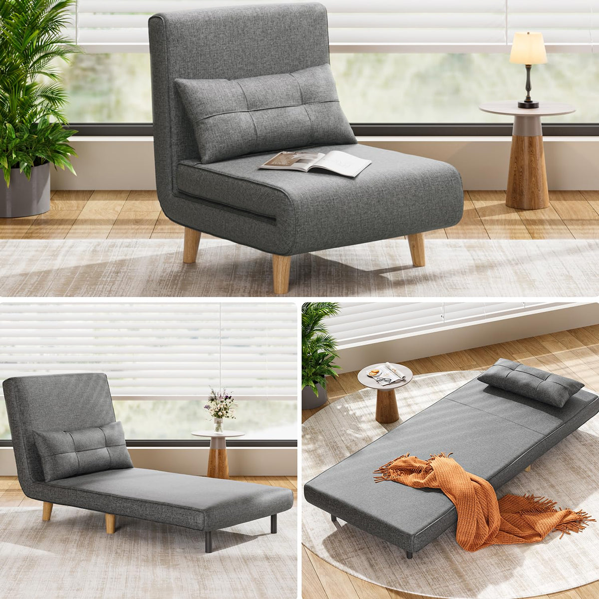 Aiho 3 in 1 Sleeper Chair Bed, Convertible Chair Bed Futon Sofa with Adjustable Backrest, Accent Chair for Apartment/Bedroom/Office, Dark Grey