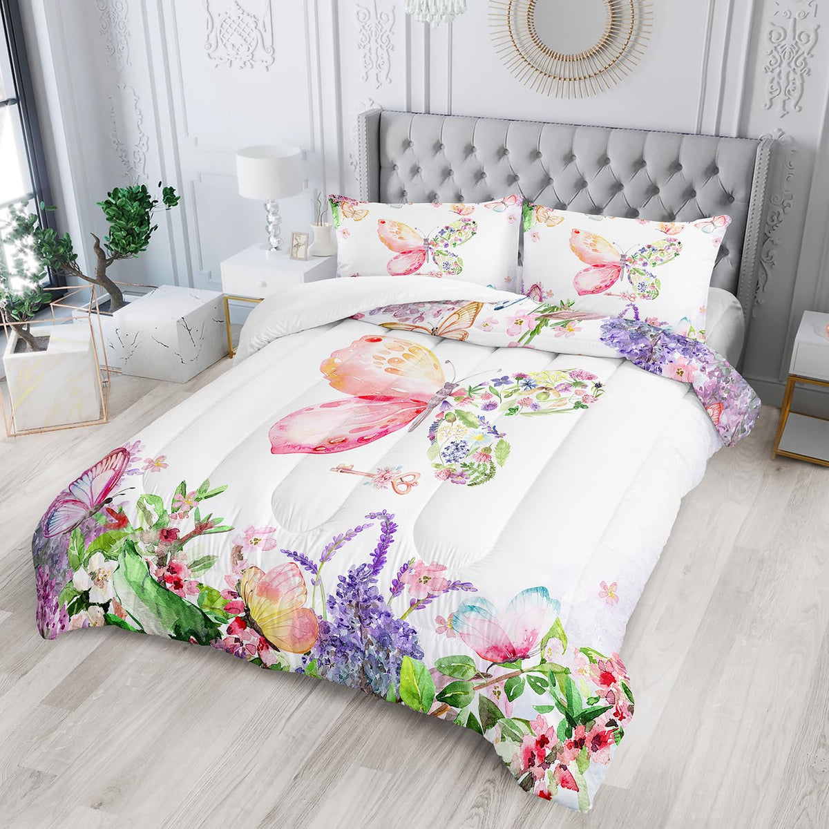 Nttopship Kids Butterfly Comforter Set King Size for Girls，Tie Dye Butterflies Bedding Set for Bedroom, Butterflies Toddler Bedding Set All Season 1 Comforter and 2 Pillowcases