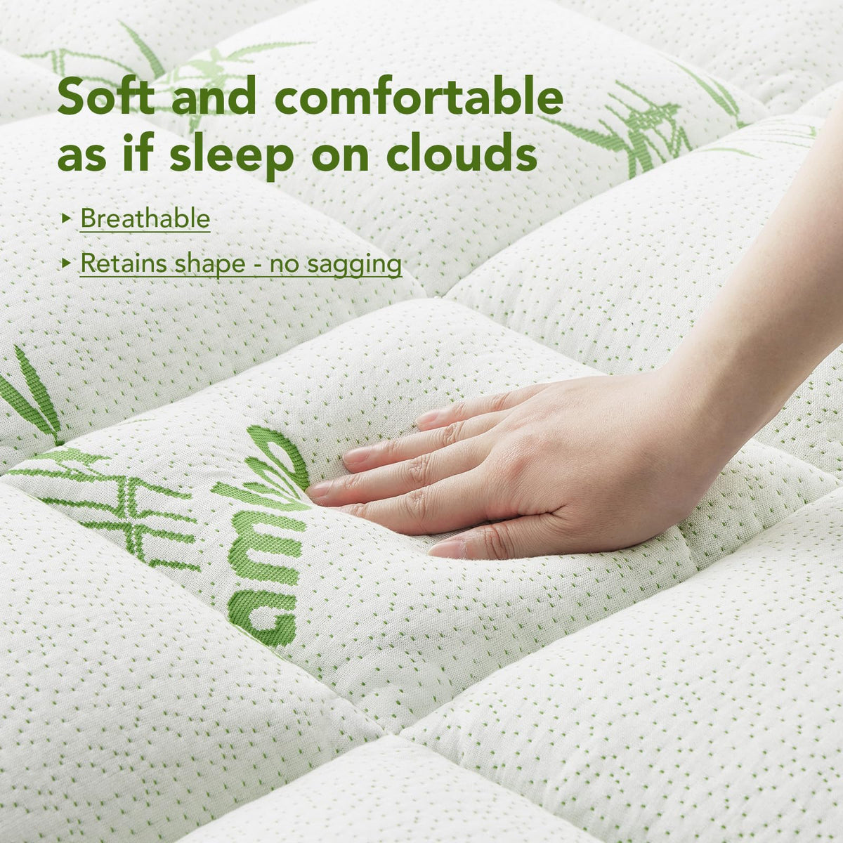 Queen Size Mattress Topper Viscose Made from Bamboo, Extra Thick Quilted Pillow Top, Naturally Cooling & Breathable for Hot Sleepers, Back Pain Relief, Deep Pocket Skirt Fits 6-18", Green