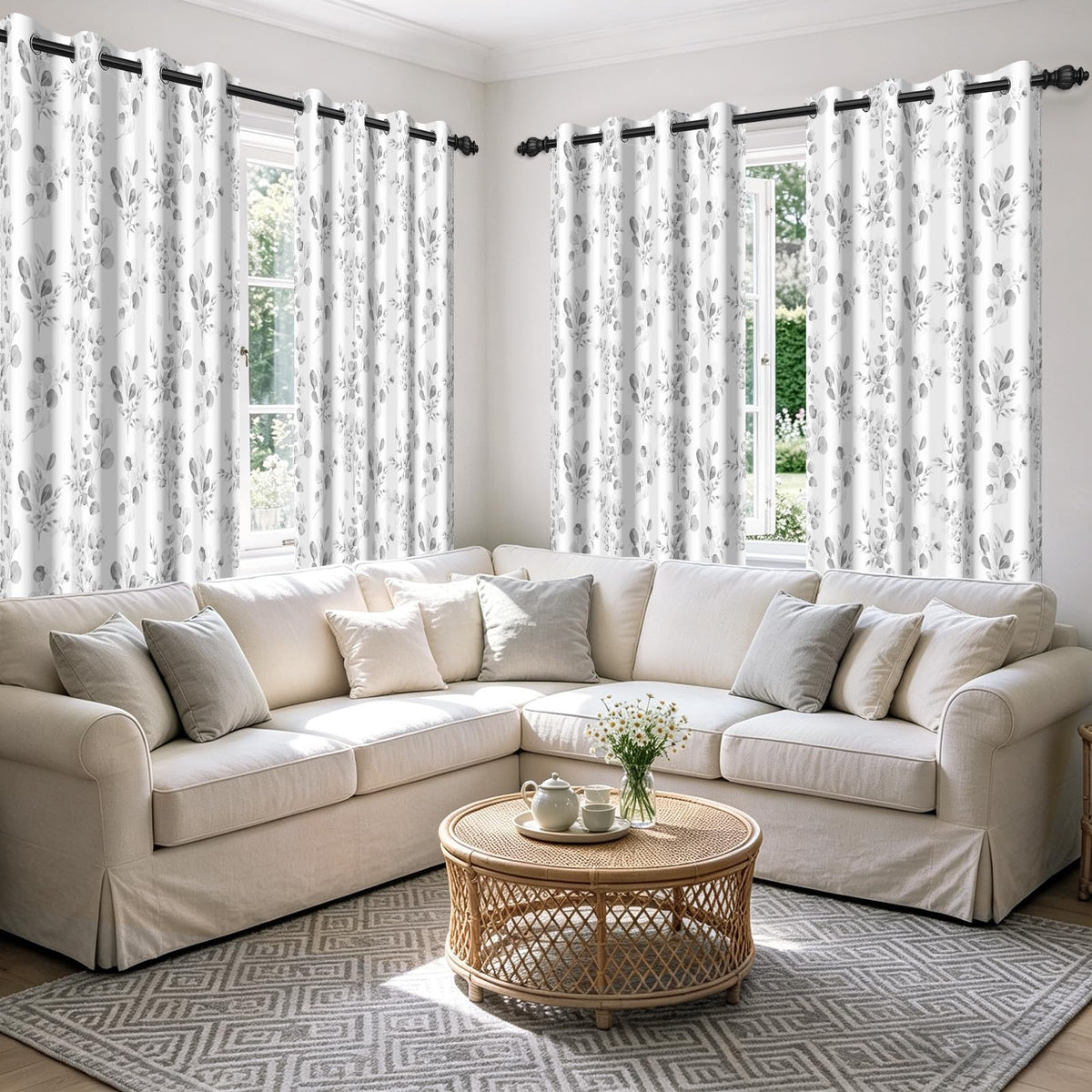 GICDSU Gray Botanical Leaf 90% Blackout Curtains 63 Inches Long Watercolor Floral Print Room Darkening Curtains with Grommet Country Soundproof Insulated Window Drapes for Bedroom Living Dining Room
