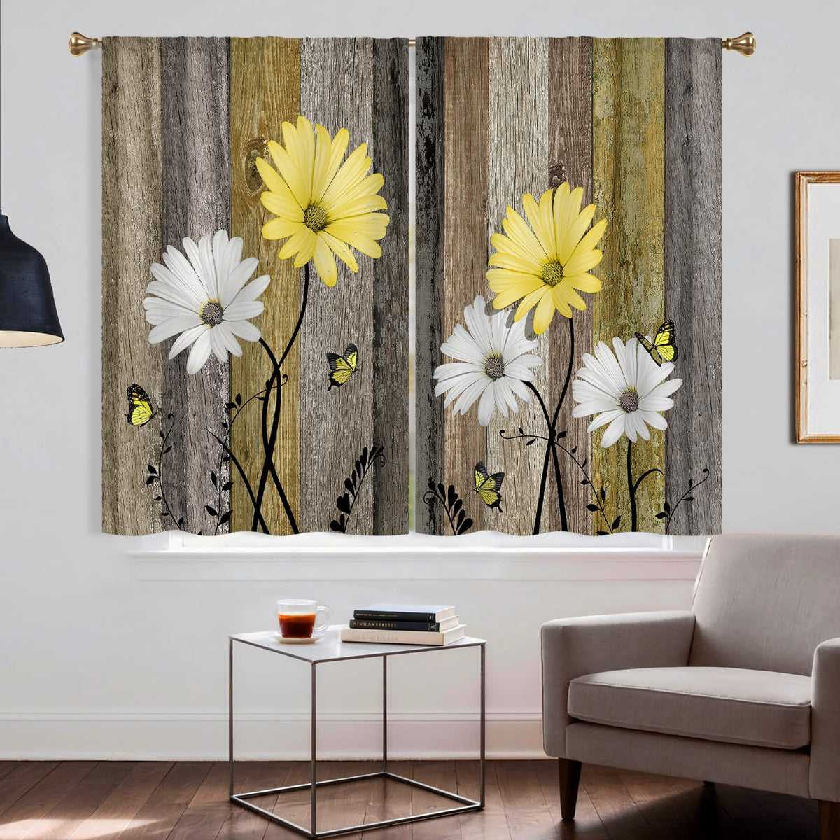 Cizuug Farmhous Yellow Daisy Kitchen Curtains Wooden Flower Small Short Cafe Window Curtains Rustic Floral Butterfly Country Barn Bathroom Drapes Treatment Tier Curtains 2 Panels