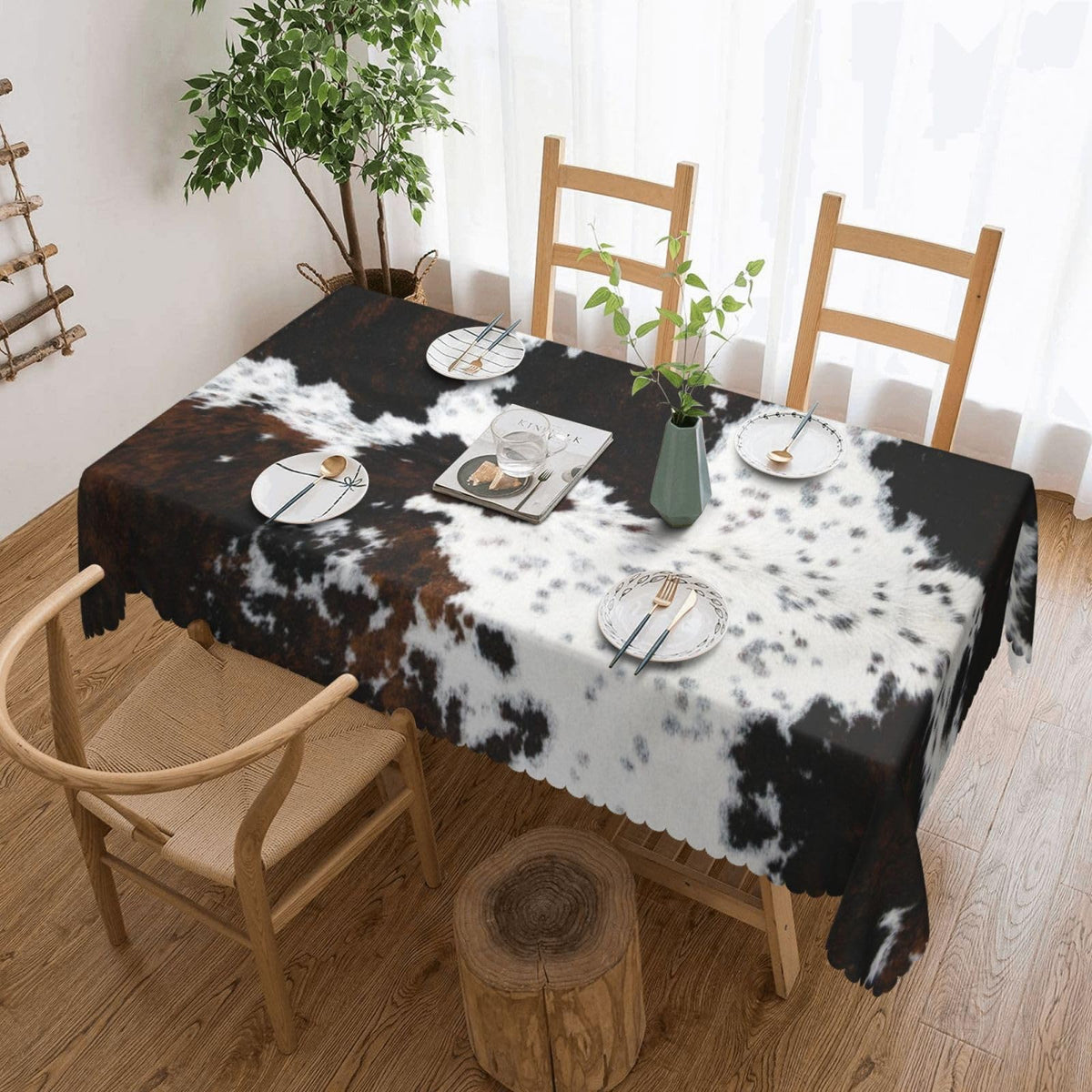GOUROISE White and Brown Cow Print Rectangular Tablecloth, Animals Skin 54x72 Inch Wavy Lace Border Polyester Table Cloth for Dining, Kitchen, Parties