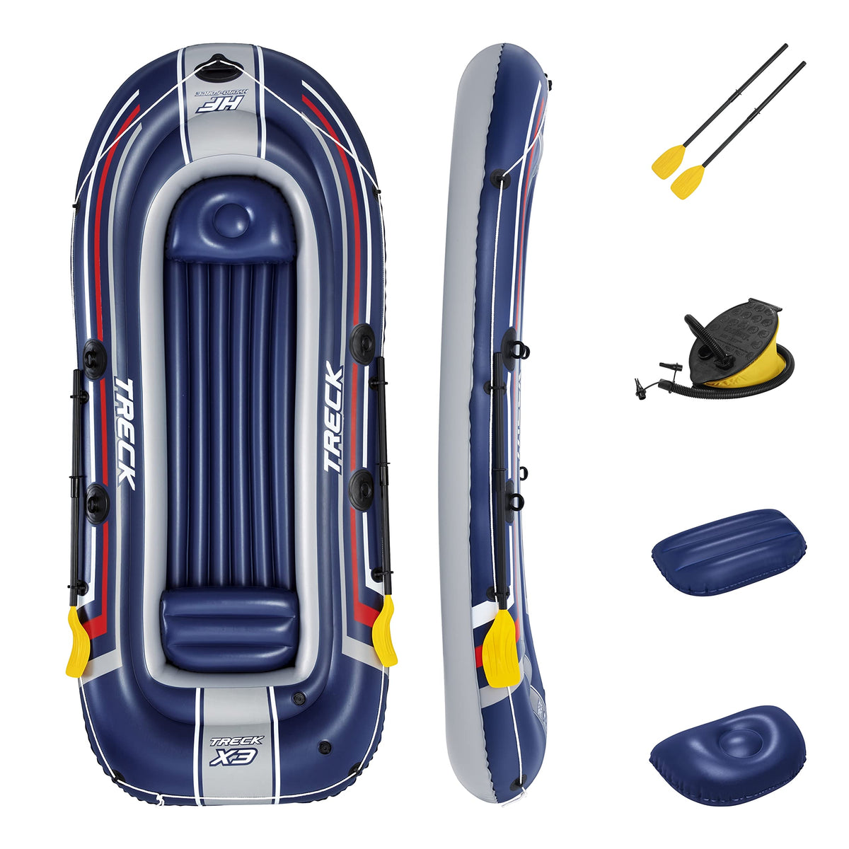 Bestway Hydro-Force Treck X3 Inflatable 3 Person Water Raft Outdoor Floating Boat Set with Pair of Oars, Foot Pump, and Repair Patch