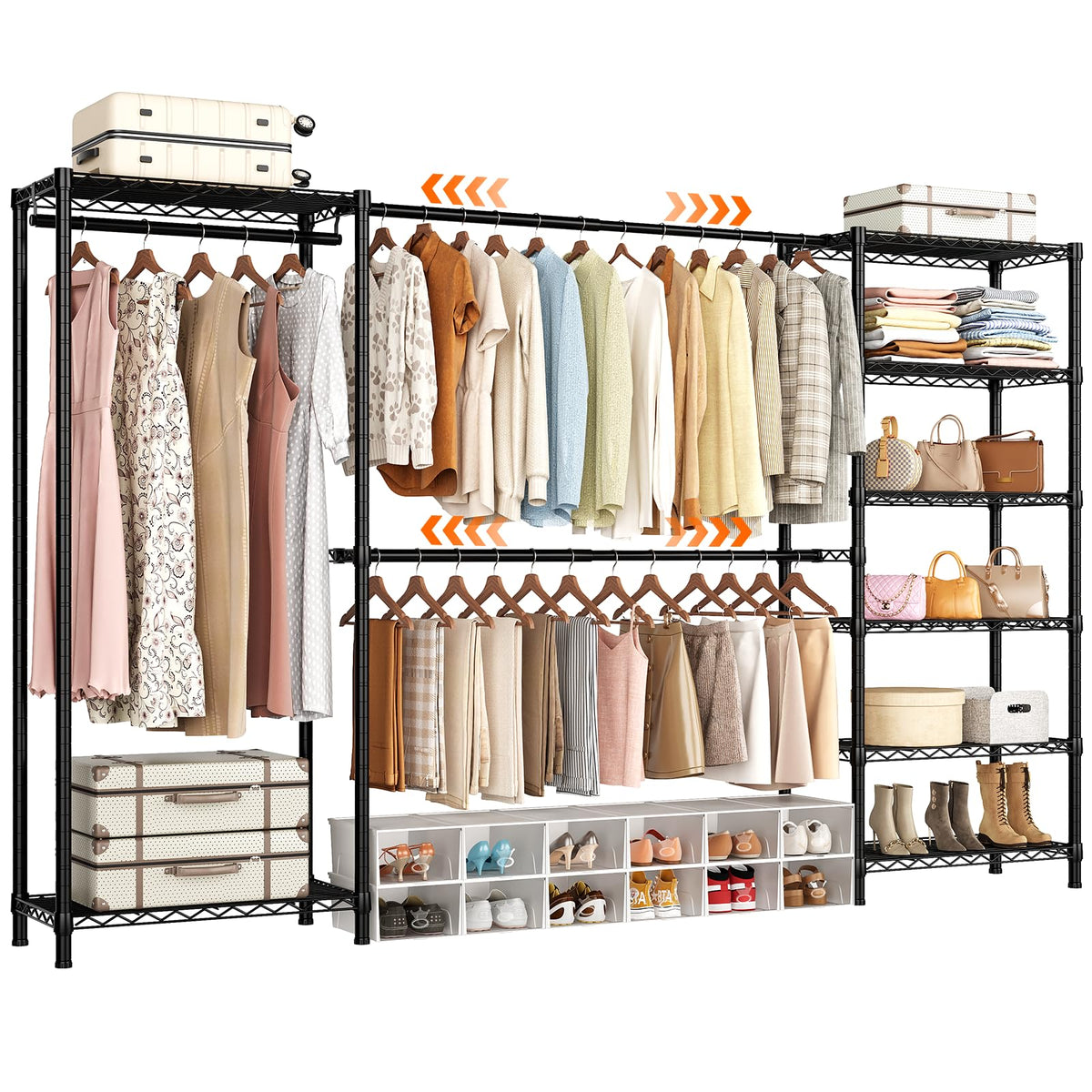 ONBRILL E3 Expandable Heavy Duty Garment Rack, Freestanding Closet Organizer System with 8 Wire Shelves & 3 Hanging Rods, Modular Metal Pipe Clothing Rack, Max Load 1000 LBS, Portable Closet, Black