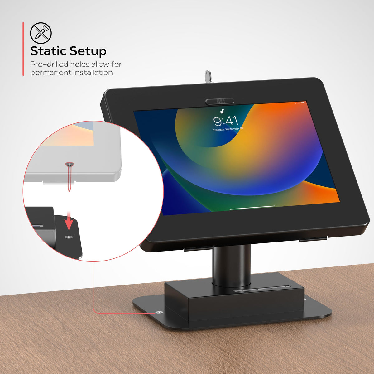 CTA Digital Integrated USB 3.0 Hub Desk Mount with Universal Security Enclosure for iPad 11 (A16) - Pro 11-inch M4 - Air 11-inch M3- iPad 10th Gen - Galaxy Tab & More Tablets - Black - (PAD-QRUSBKB)