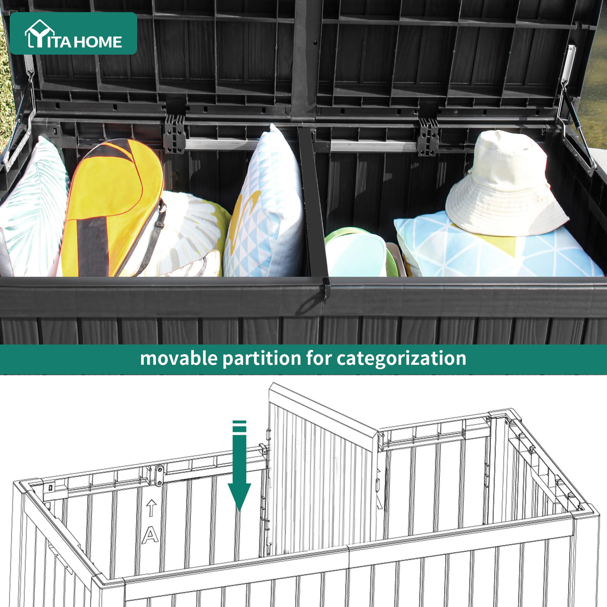 YITAHOME 180 Gallon Large Deck Box w/Divider, XL Waterproof Outdoor Storage for Patio Furniture,Outdoor Cushions, Garden Tools, Sports Equipment and Pool Supplies, Resin, Lockable, Black