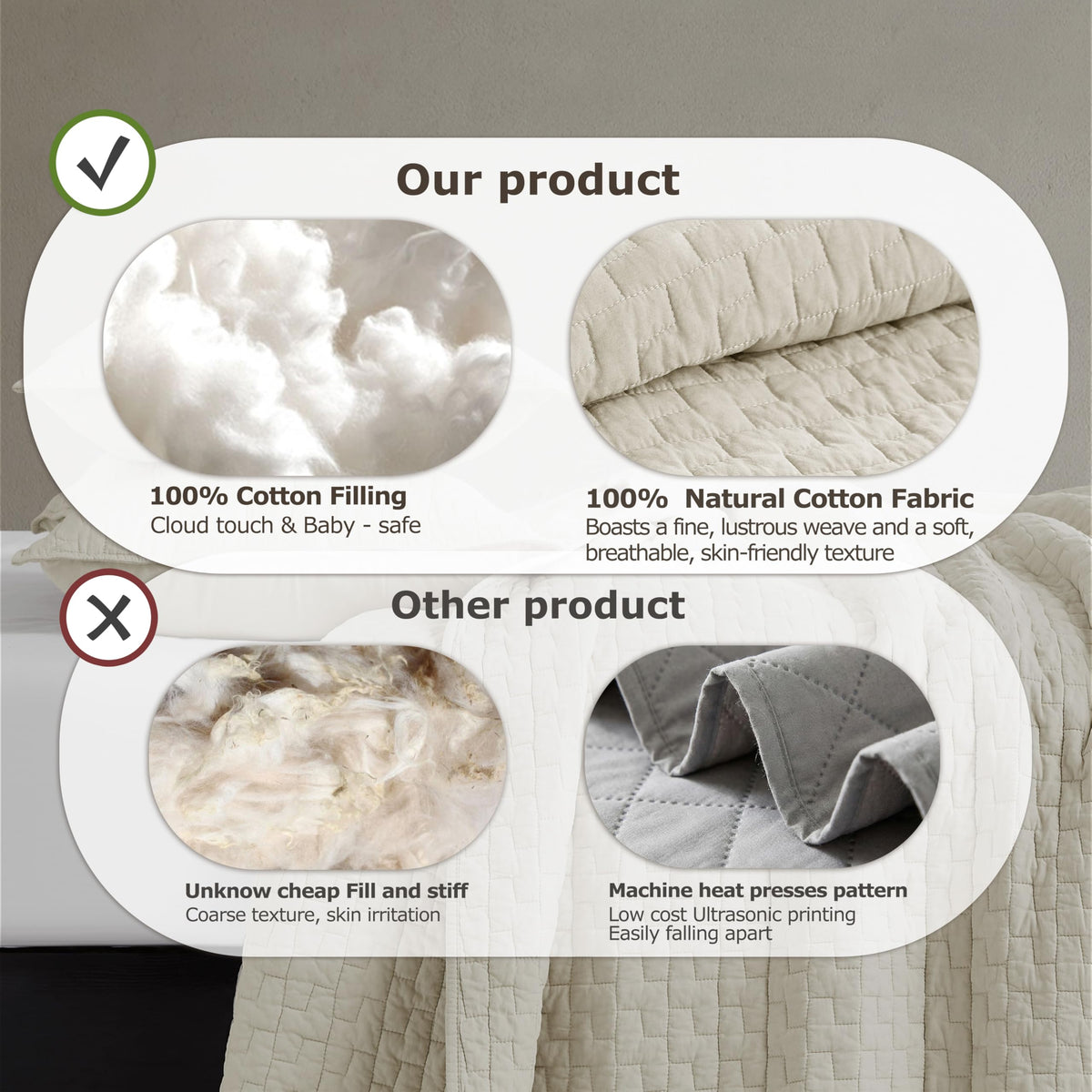 palassio Beige 100% Cotton Quilt California Cal King Size Bedding Sets with 2 Pillow Shams, Textured Oversized Lightweight Bedspread Shabby Chic Coverlet, Soft Bed Cover for All Season, 3 Pieces