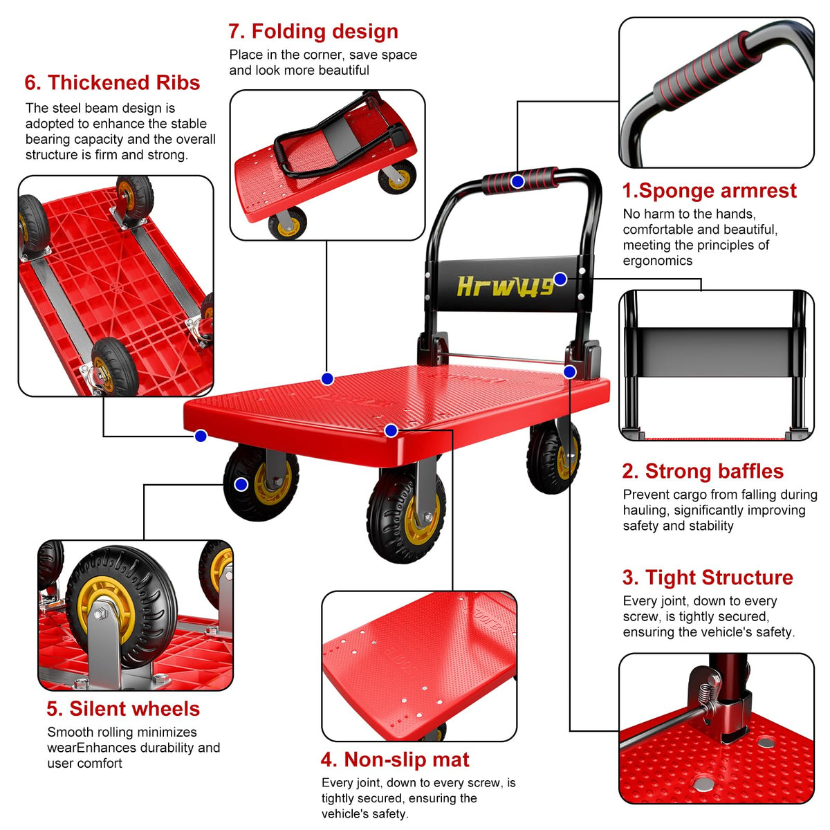 Hand Cart Dolly, Push Cart with 360 Swivel 5'' Wheels, 1200LBS Capacity, Dolly Cart with Wheels Warehouse Cart for Groceries, Garage, Warehouse - Red