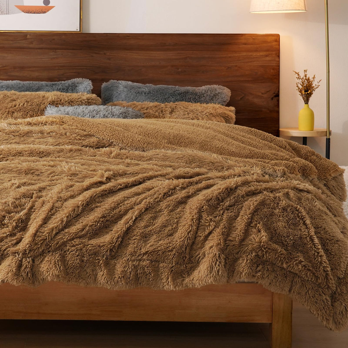 PHF Luxury Fuzzy Faux Fur Twin Blanket, Soft Shaggy Plush Comfy Blanket, Warm Thick Fluffy for Couch, Bed, Chair, Sofa, Furry Elegant Throw for Home Decor, Taupe, 60" x 80"