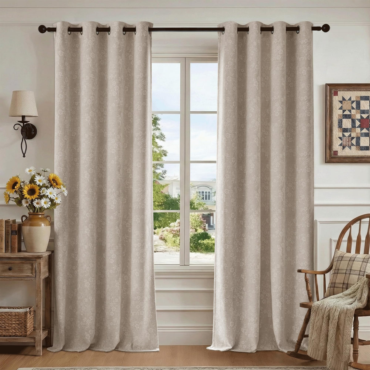 Beauoop Beige Floral Jacquard Blackout Curtains 84 Inches Long 2 Panels for Living Room Bedroom Chenille Flower Room Darkening Thermal Insulated Soundproof Grommet Window Drapes, 52x84 Set of 2