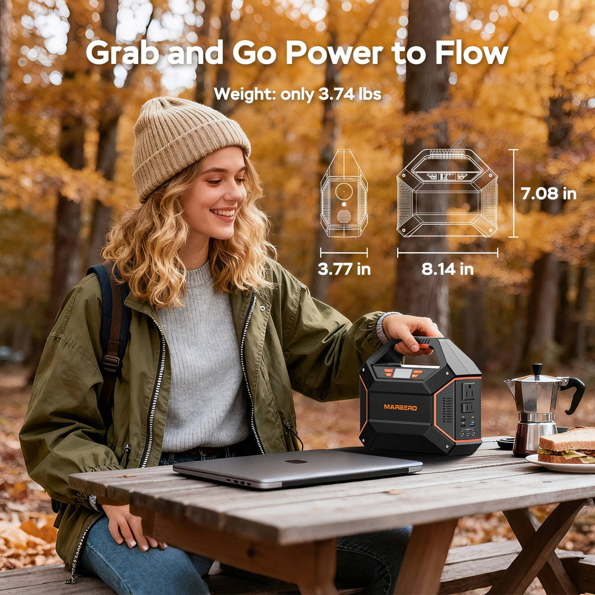 MARBERO Portable Power Station 155Wh Portable Charger 100W Power Station with 6 Outputs 2x 110V AC Outlet LED Flashlight for Home Blackout, Camping, RV Travel, Ultra-Light & Silent Fan UL Certified
