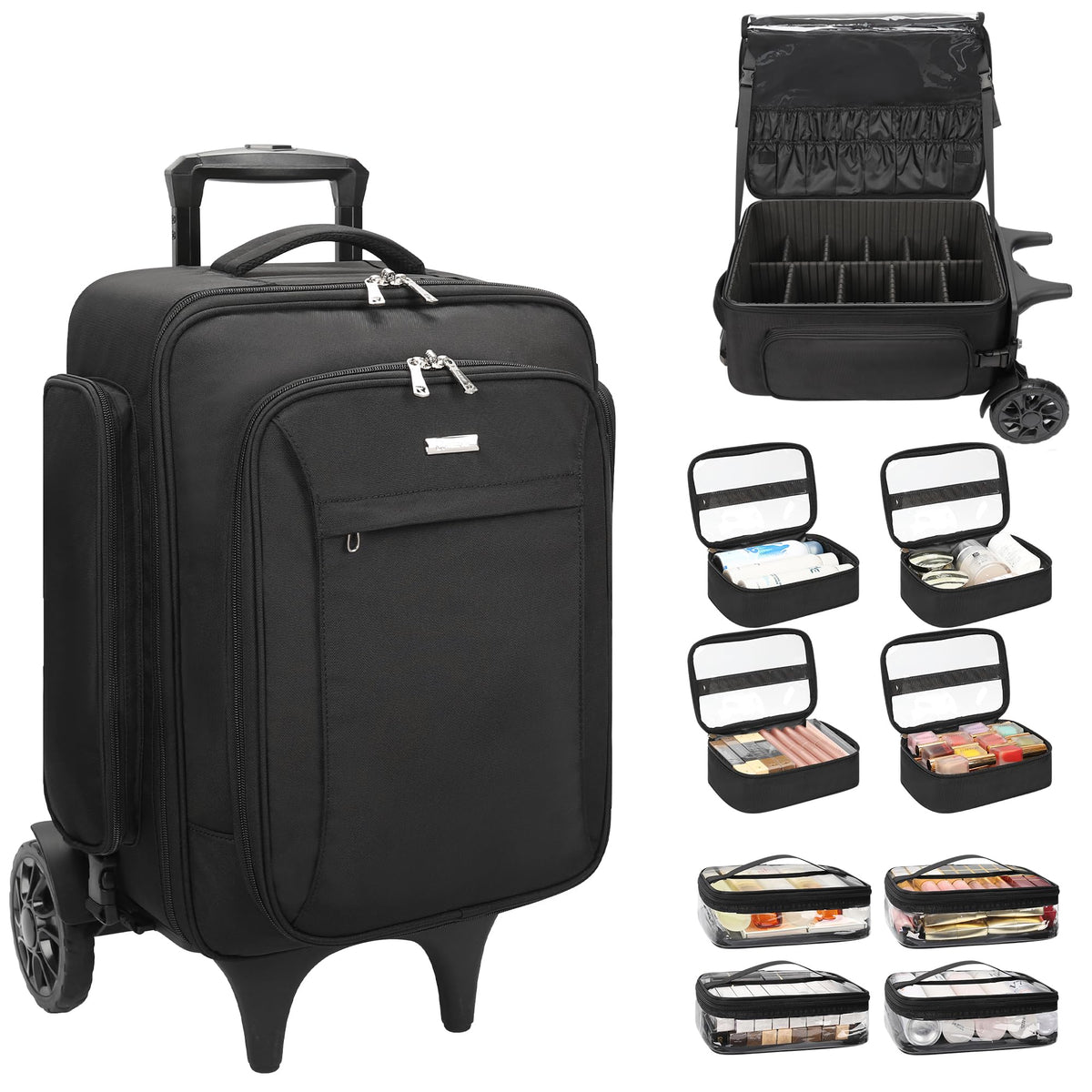 Relavel Rolling Makeup Case with Makeup Brush Case, Large Make Up Travel Organizer with 2 big Wheels, Professional Lockable Makeup Artist Backpack with Adjustable Dividers for Daily Use, Trip - Black