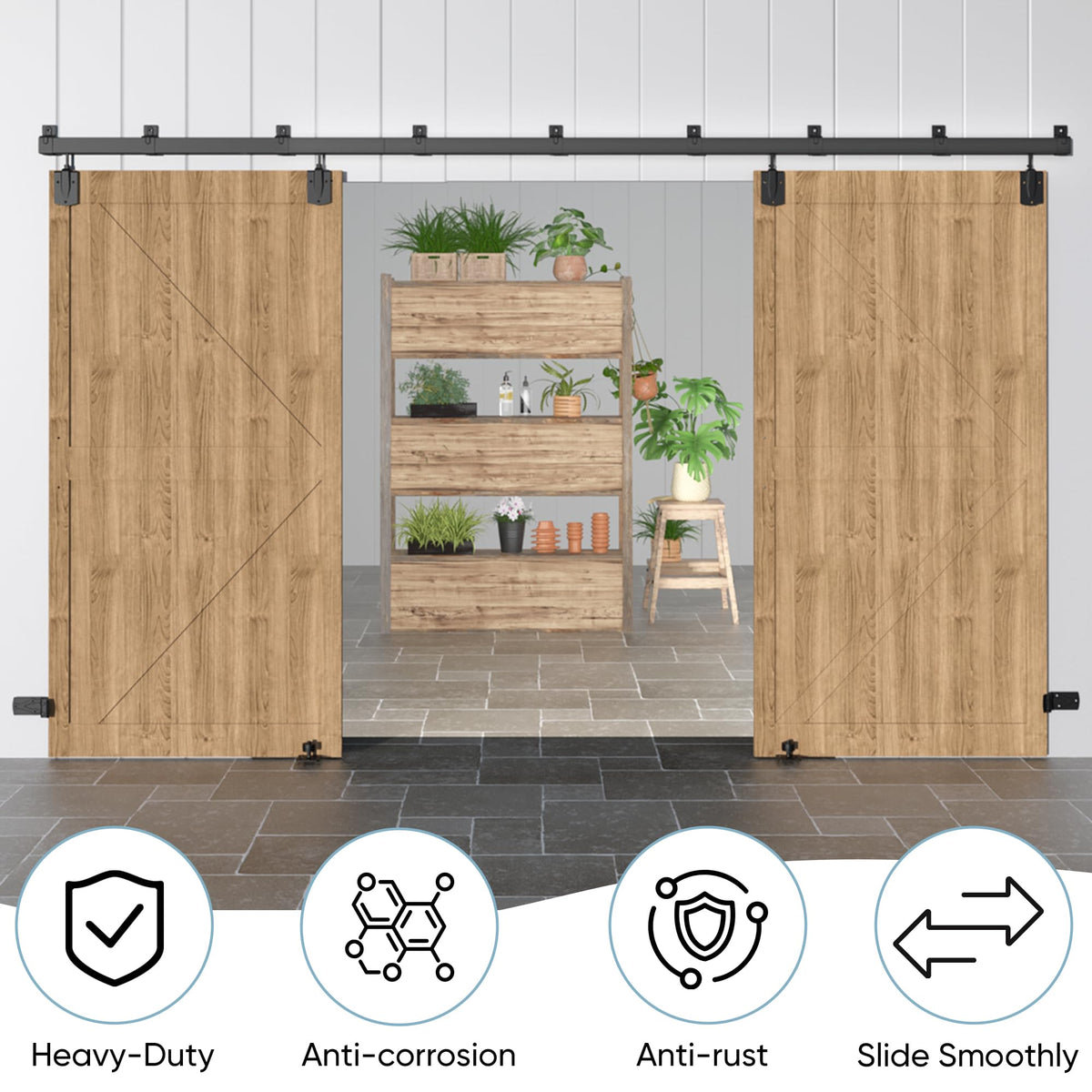 BarnBase 14FT Heavy Duty Box Rail Exterior Barn Door Hardware Kit, Sliding Door Hardware, Outdoor Barn Door Hardware Kit for 2 Doors(Door not Include), 450 lbs Capacity, Black
