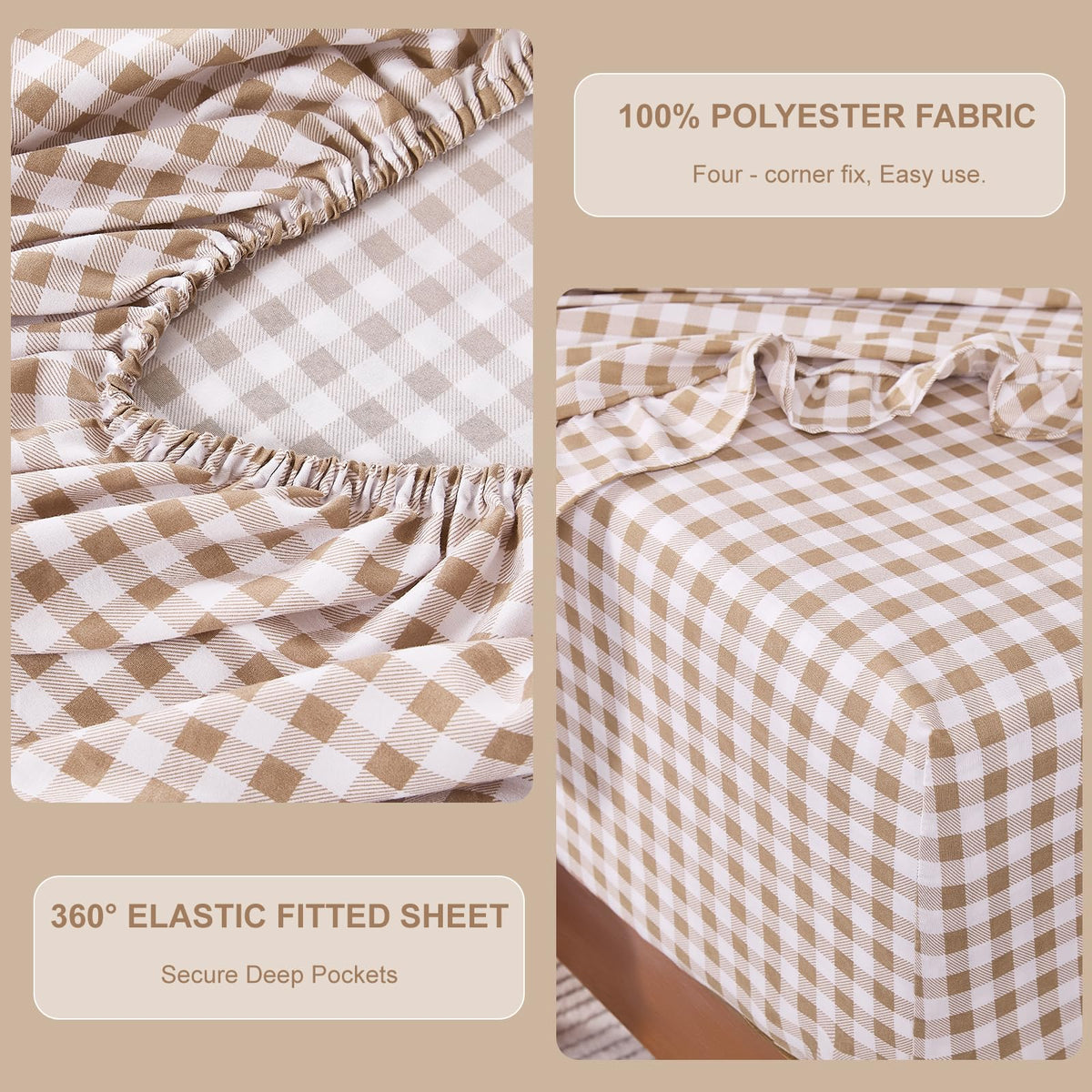 kisswish Gingham Full Sheet Set, Lightweight Super Soft Brushed Microfiber Plaid Bed Sheets with 16" Deep Pocket, 4 Piece Ruffle Farmhouse Bedroom Decor, Taupe