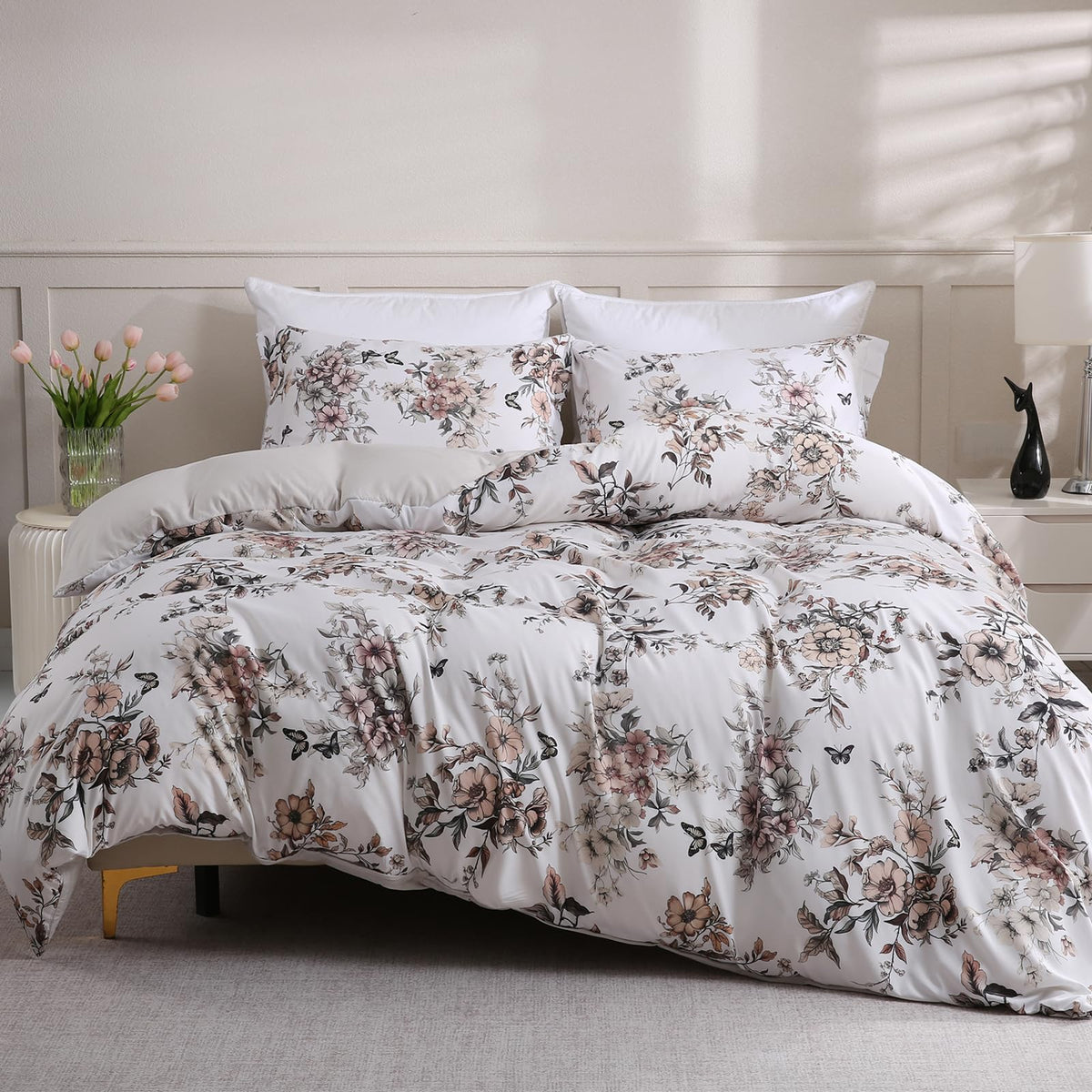 LONAVA Queen Floral 3 Pcs Duvet Cover Set, Breathable Soft Microfiber Light Grey Lining Comforter Cover with Zipper Closure, and 2 Anti-Pilling, Fade Resistant Pillowcases, Withered Flowers