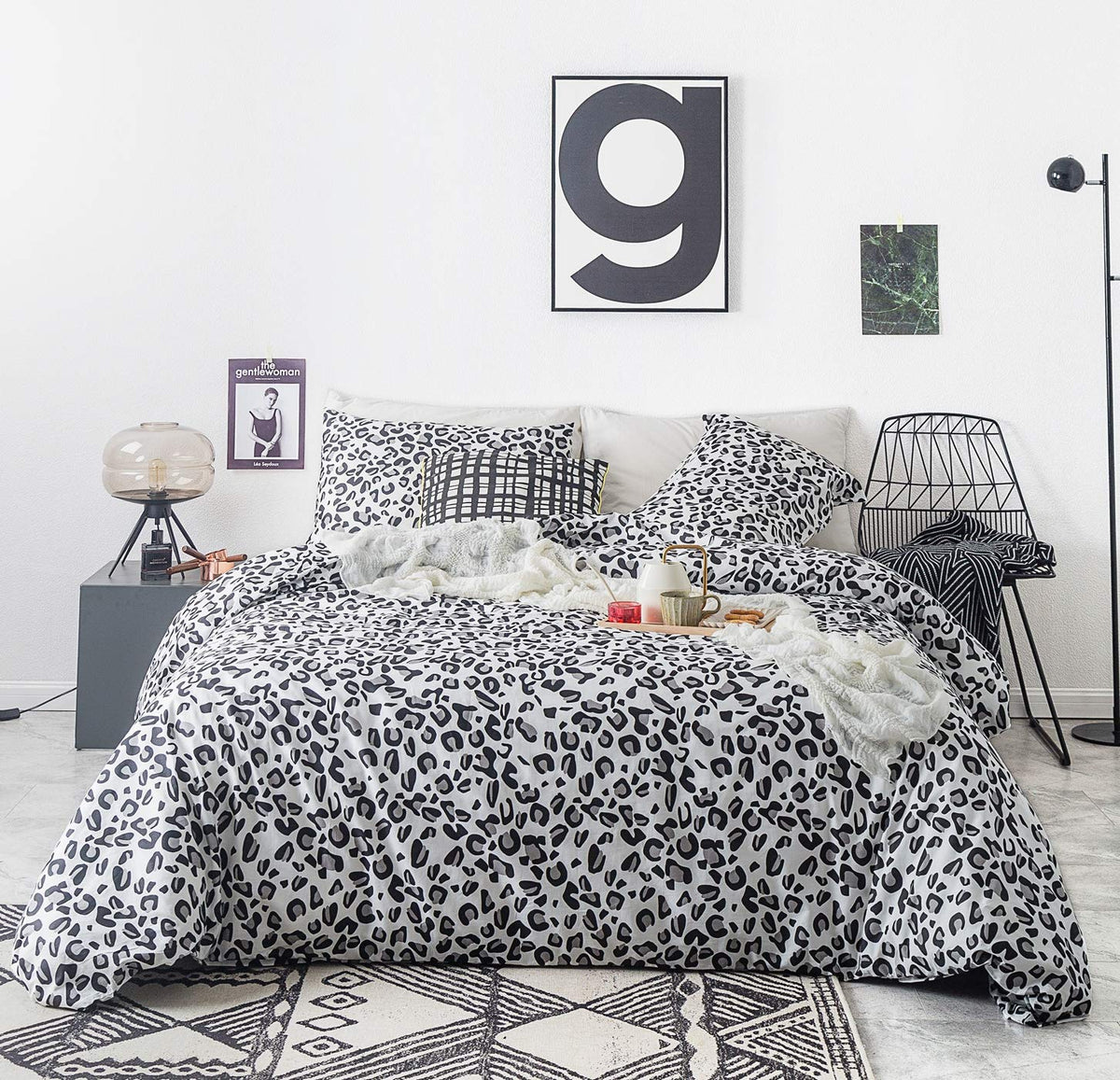 SUSYBAO Black White Cheetah Duvet Cover Queen 100% Cotton 3 Pcs Set 1 Grey Snow Leopard Duvet Cover with Zipper Ties 2 Pillowcases Luxury Soft Gray Animal Print Bedding Set Breathable