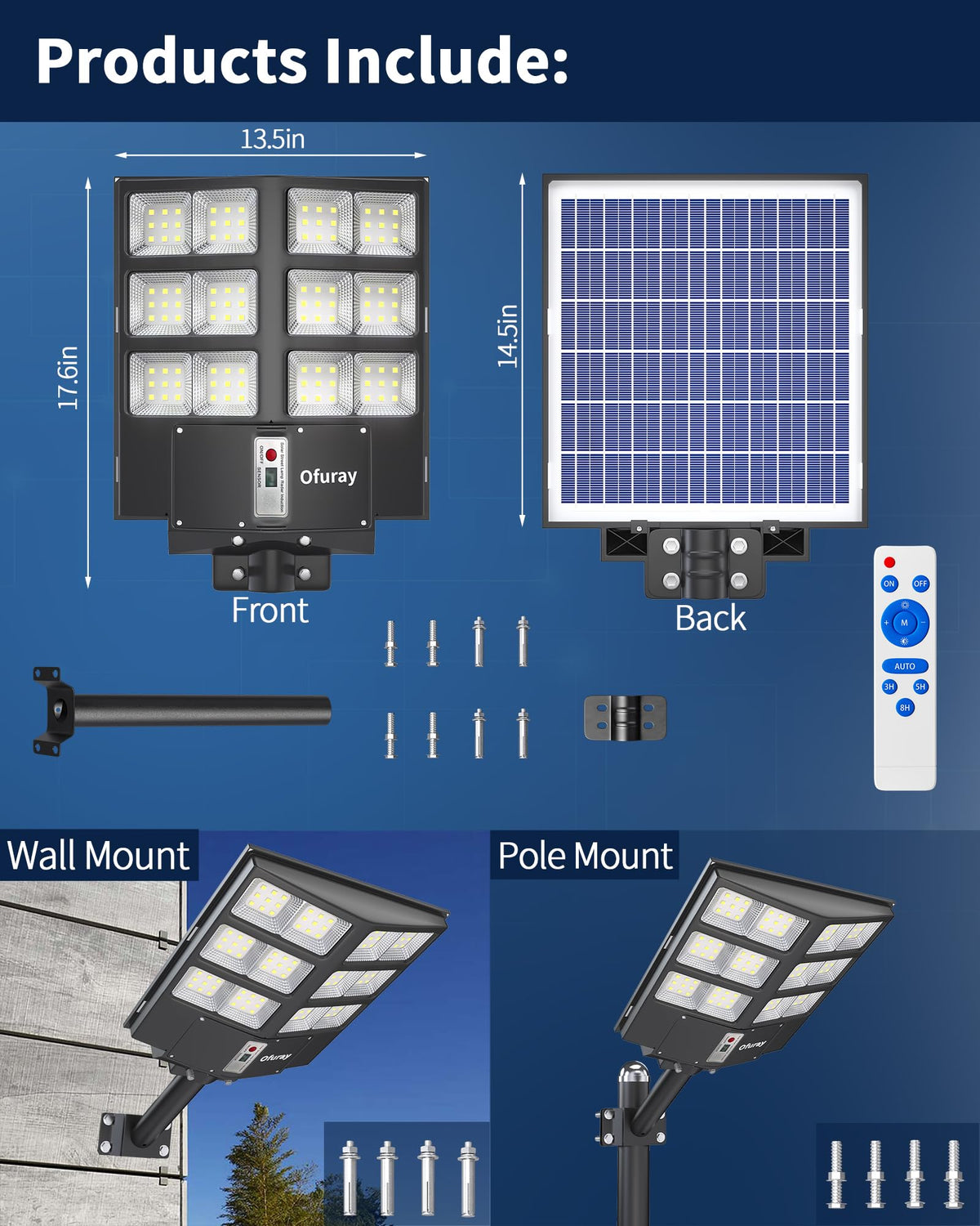 Ofuray Solar Street Lights Outdoor,Solar Security Flood Lights Parking Lot Lights Commercial Dusk to Dawn, 6500k Waterproof Led with Remote Control Motion for Street,Court,Barn (Of-800W 80000Lm)