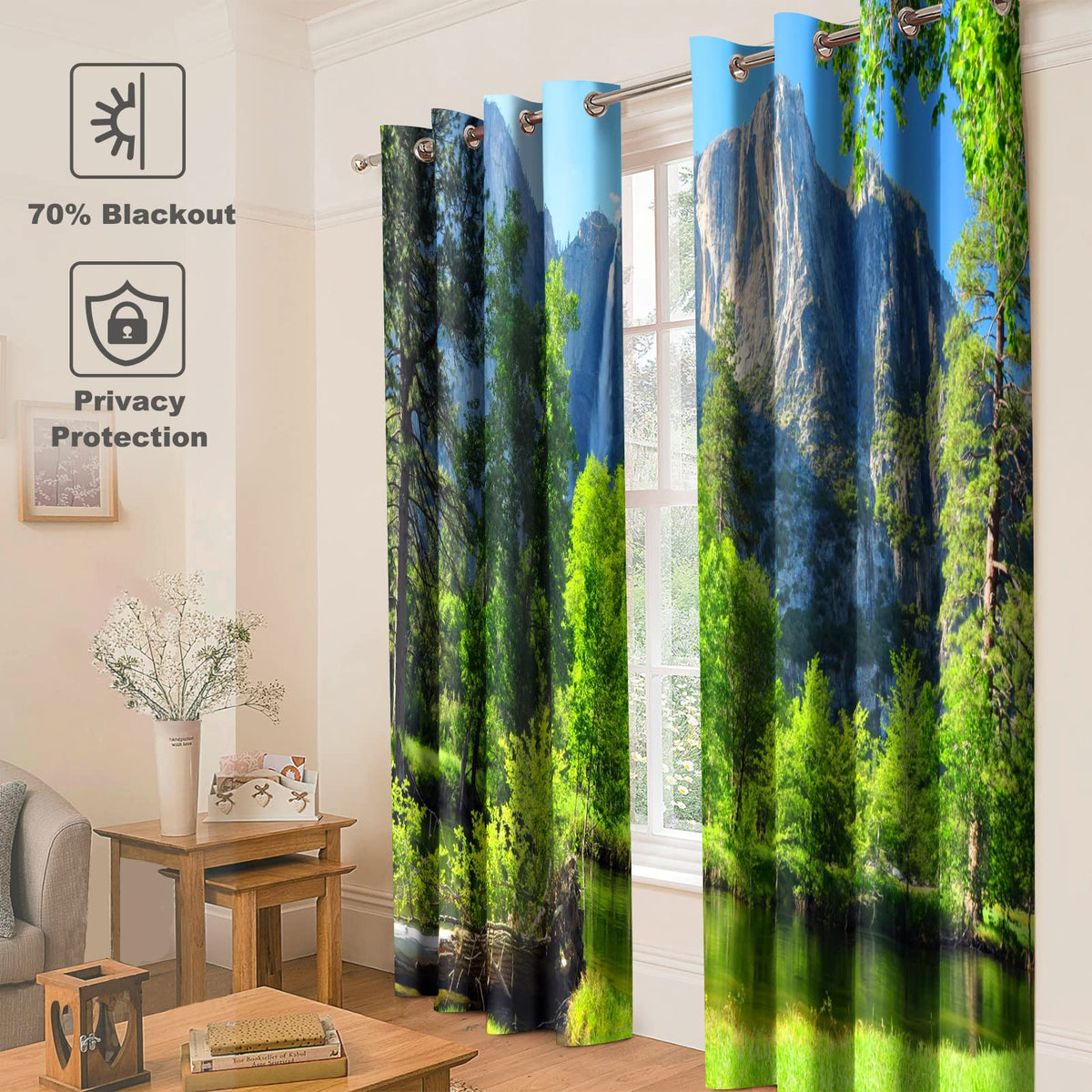 Jekeno Mountains Forest Blackout Curtains Jungle Green Trees River Lake in Bright Sunshine Nature Scenery Decor Bedroom Living Room Darkening Grommet Window Drapes 2 Panel Set, 52"x84"