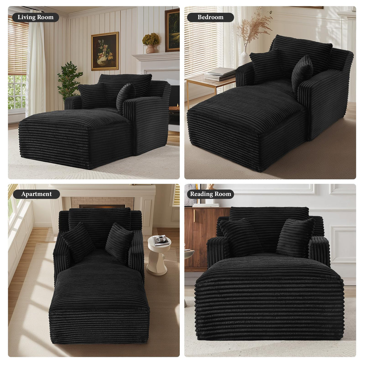 VEPXXP 65.4" Chaise Lounge Chair Indoor, Oversized Boneless Couch Comfy Upholstered Sleeper Sofa Bed with 3 Pillows, Corduroy Cloud Reading Chair for Living Room No Assembly Required, Black