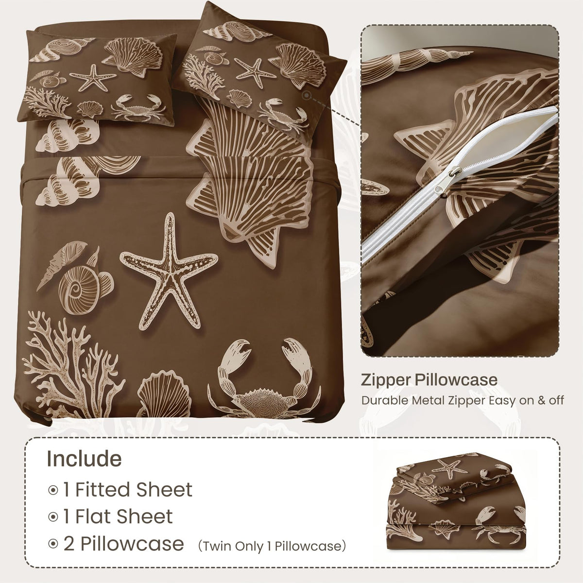 Seashell Full Sheet Set 4 Pcs Brown Coastal Bed Sheets