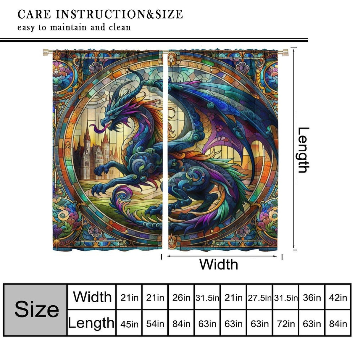 FengMingRui Stained Glass Dragon Curtains for Kids Abstract Geometry Western Dragon Window Treatments for Boys Girls Bedroom Living Room Window Drapes 42" W X 45" L