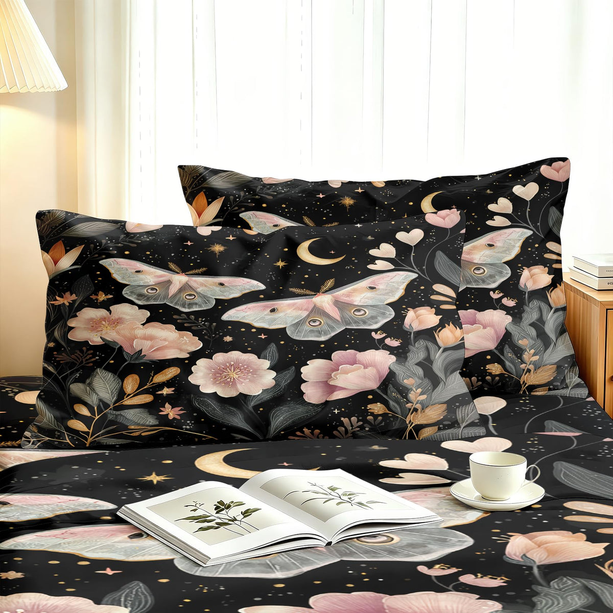Pink Luna Moth Bedding Set 4 Pcs Girls Moon Star King Sheets
