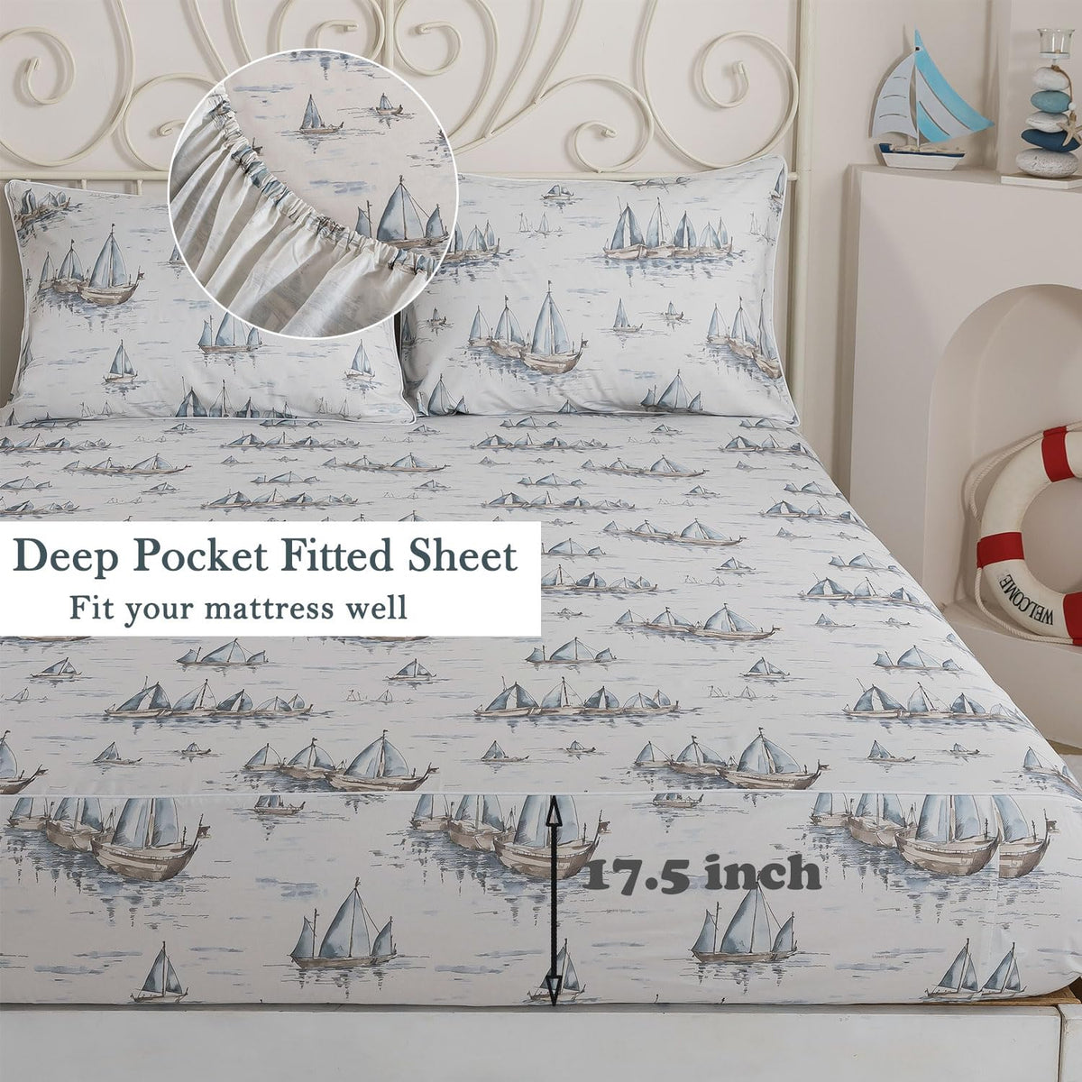 FADFAY Premium 100% Cotton Sheet Set Queen – Coastal Nautical Sailboat Bedding, Soft Gray Seaside Harbor Print, Soft Breathable Cooling Bed Sheets, Deep Pocket Luxury Coastal Bedding 4 Piece
