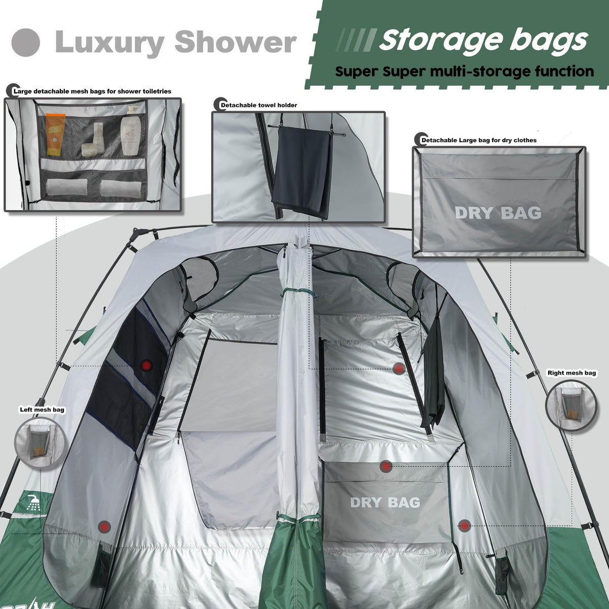 Porayhut Portable Camping Shower Tent Deluxe Changing Room Easy Set Up Privacy Shelter,Large Toilet Tent 2 Rooms with Floor Drain Design for Beach, Camping,Hiking with Stakes and Ropes for Stability