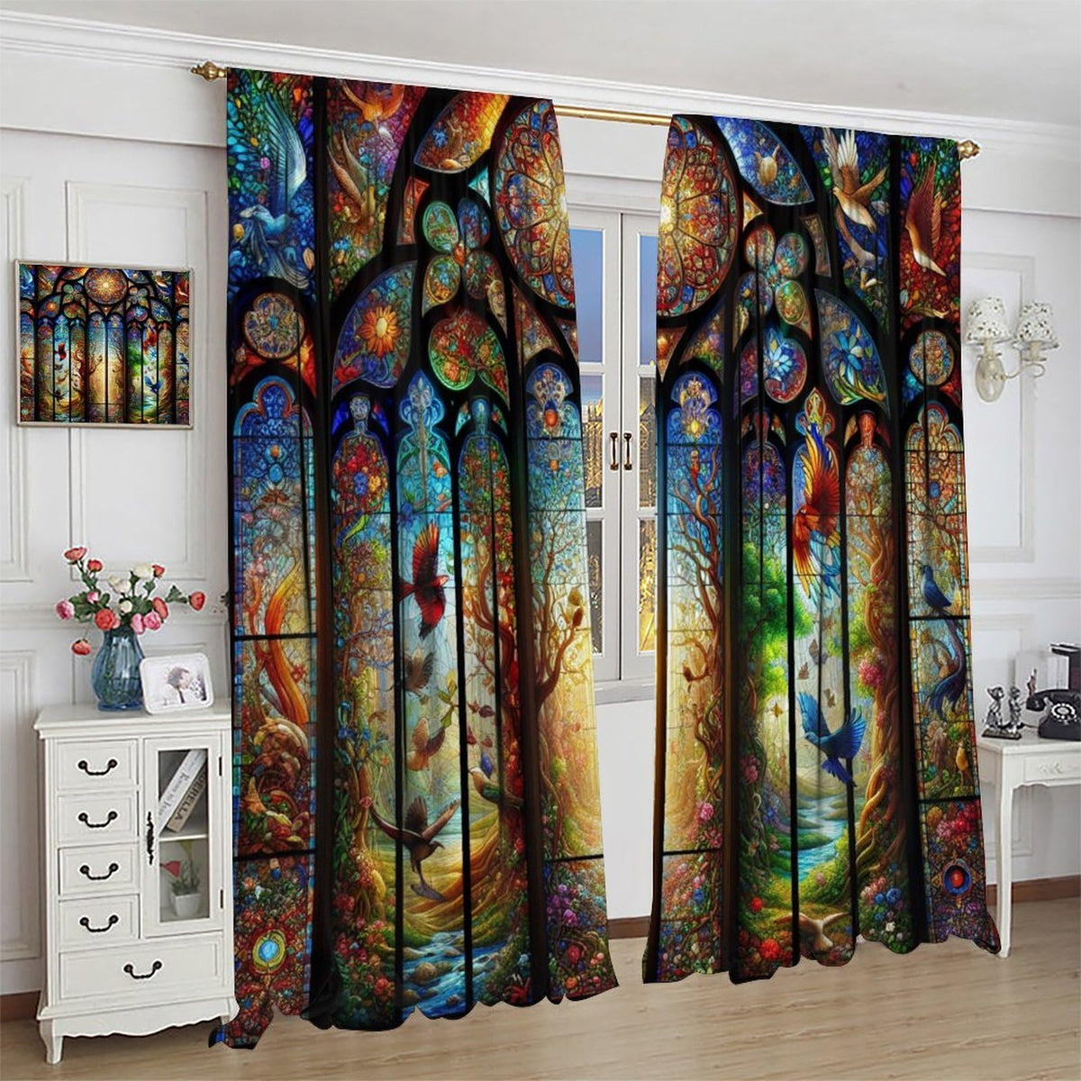 FengMingRui Fantasy Stained Glass Curtains Dream Forest Bird Geometric Patchwork Abstract Window Treatments for Kids Boys Girls Bedroom Living Room Window Drapes 42" W X 45" L