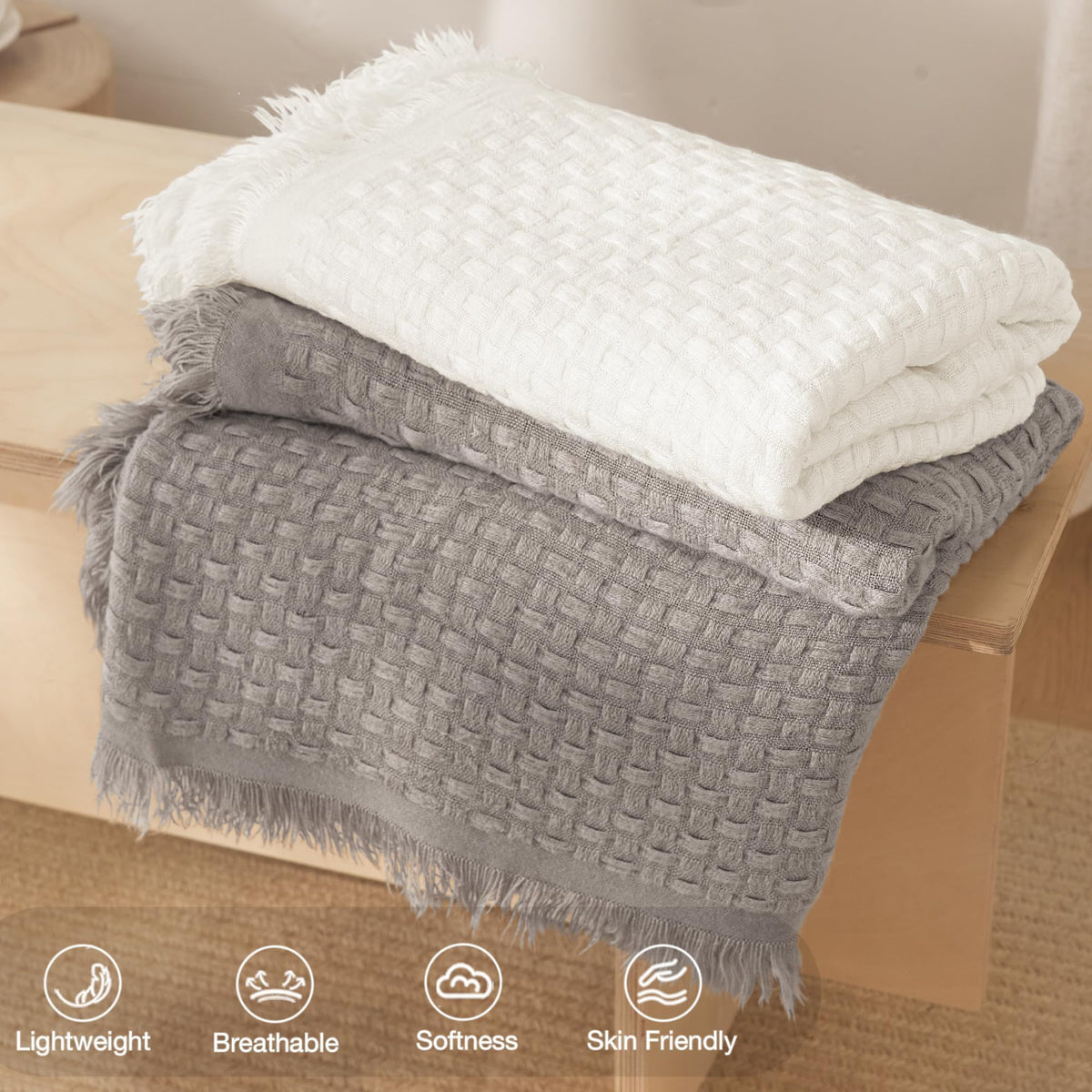 Exclusivo Mezcla Knit Throw Blanket with Fringes for Couch, Reversible Super Soft and Warm Woven Throw for Summer, Home Decor, 50"x60", Ivory