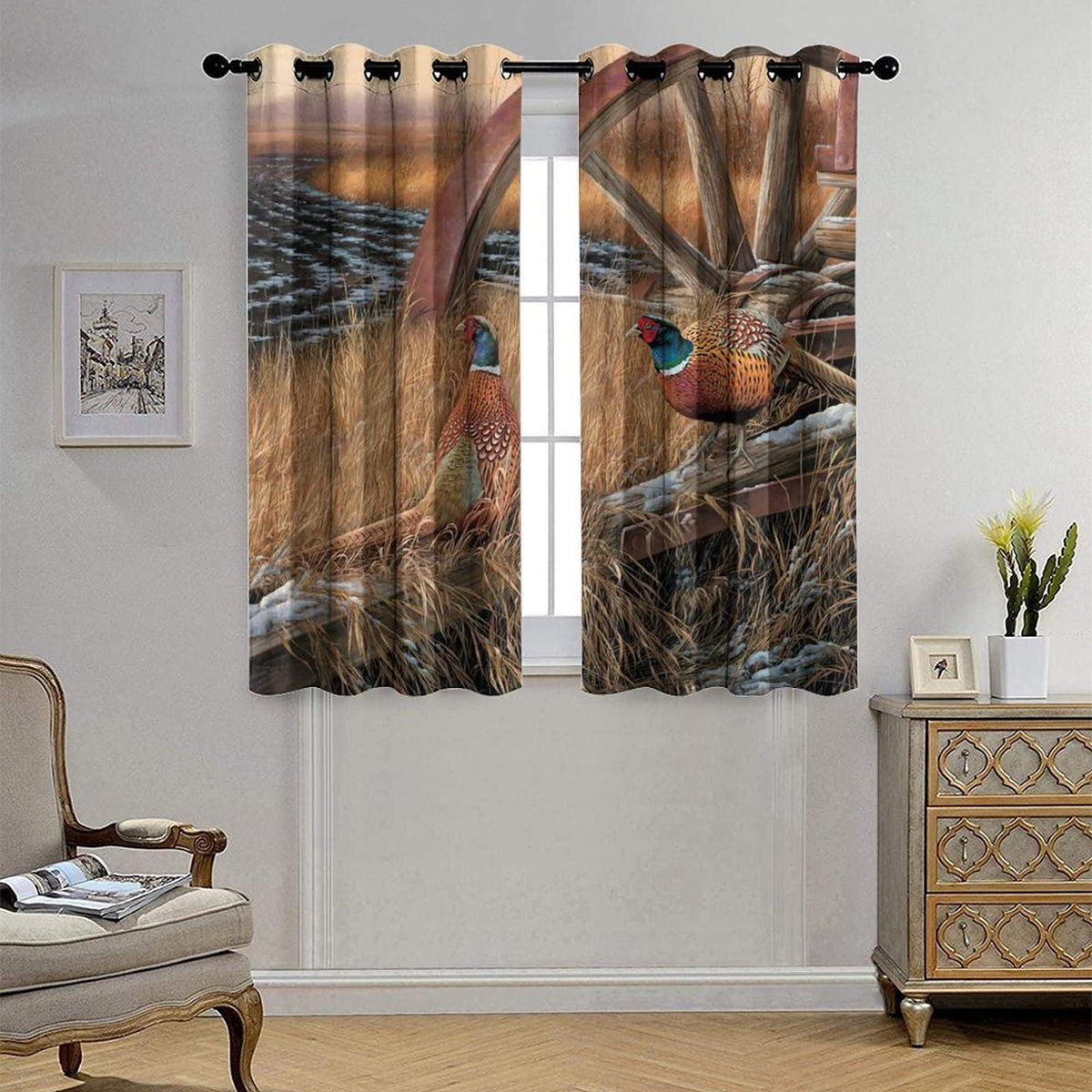 Kazynee Rustic Pheasants Ultra Soft Premier Blackout Curtains,Camouflage Wildlife Pheasants Retro Forest Country Farmhouse Thermal Insulated Bedroom Noise Reducing Grommet Top,2 Panels 63L x 21W