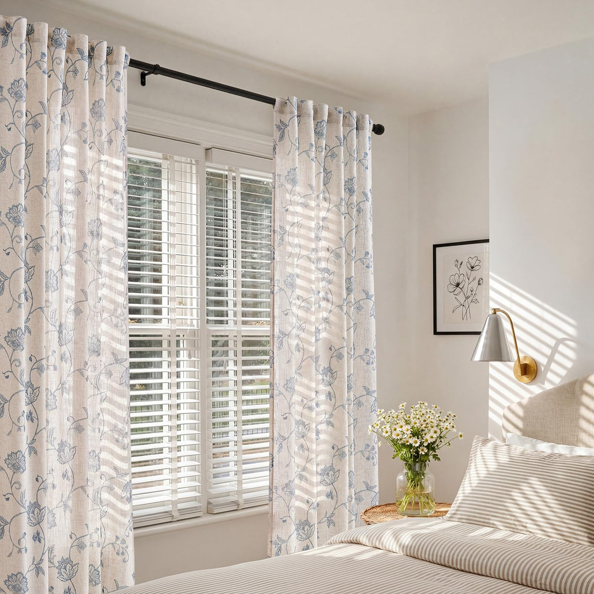 jinchan Linen Curtains Floral Curtain 84 Inch Length for Living Room Bedroom Light Filtering Rod Pocket Back Tab Jacobean Curtains Flax Linen Texture Window Drapes Set 2 Panels Blue on Linen
