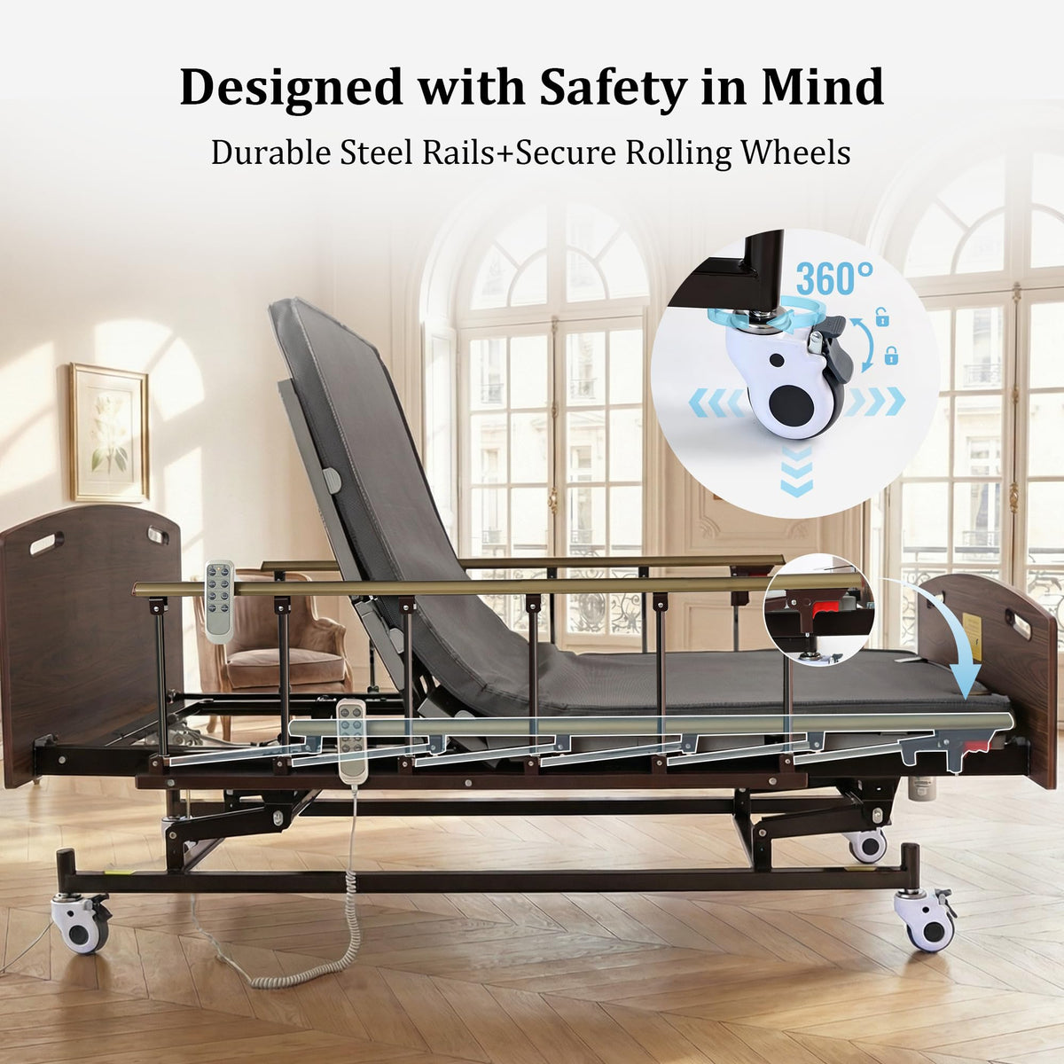 OxtraCare Zygenair Hospital Bed 6-Section ABS Ergonomic Design, 3 Function Adjustable Medical Homecare Bed for Home Use, Electric Nursing Bed with Mattress and Remote Control, IV Pole Included