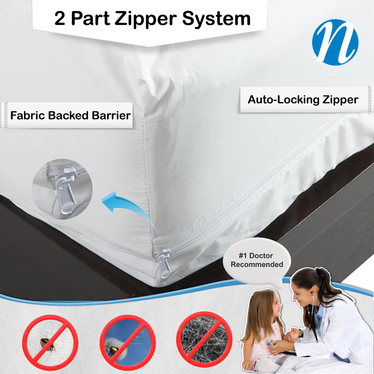 National Allergy 100% Cotton Queen Mattress Encasement 60x80x16, Hypoallergenic, Dust Proof Zippered 6-Sided Cover, Breathable, Noiseless Natural Cotton, AAFA Certified