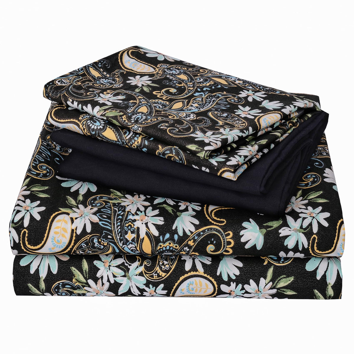 JSD Black Paisley Floral Printed Sheet Set King Size 6 Piece, Soft Pattern Microfiber Bed Sheets Extra Deep Pocket