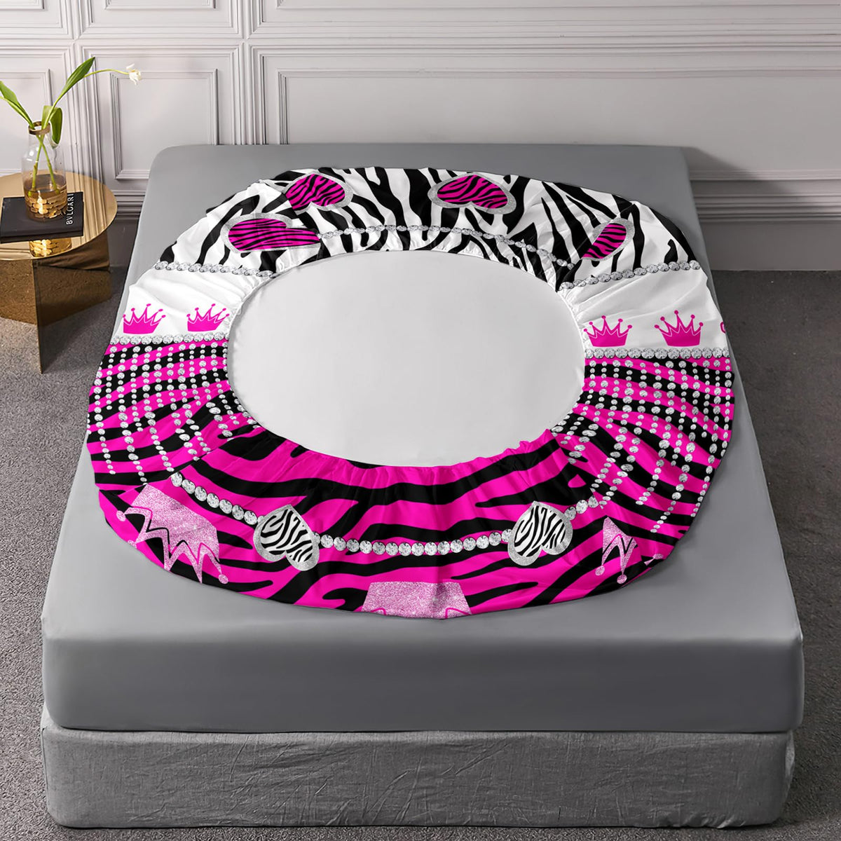 AILONEN Hot Pink Princess Fitted Sheet Twin XL Size with 2 Pillowcases,Zebra Stripes Bedding Set 3Pcs for Girls,Glitter Crown & Heart Bed Sheet Set for Home Decor