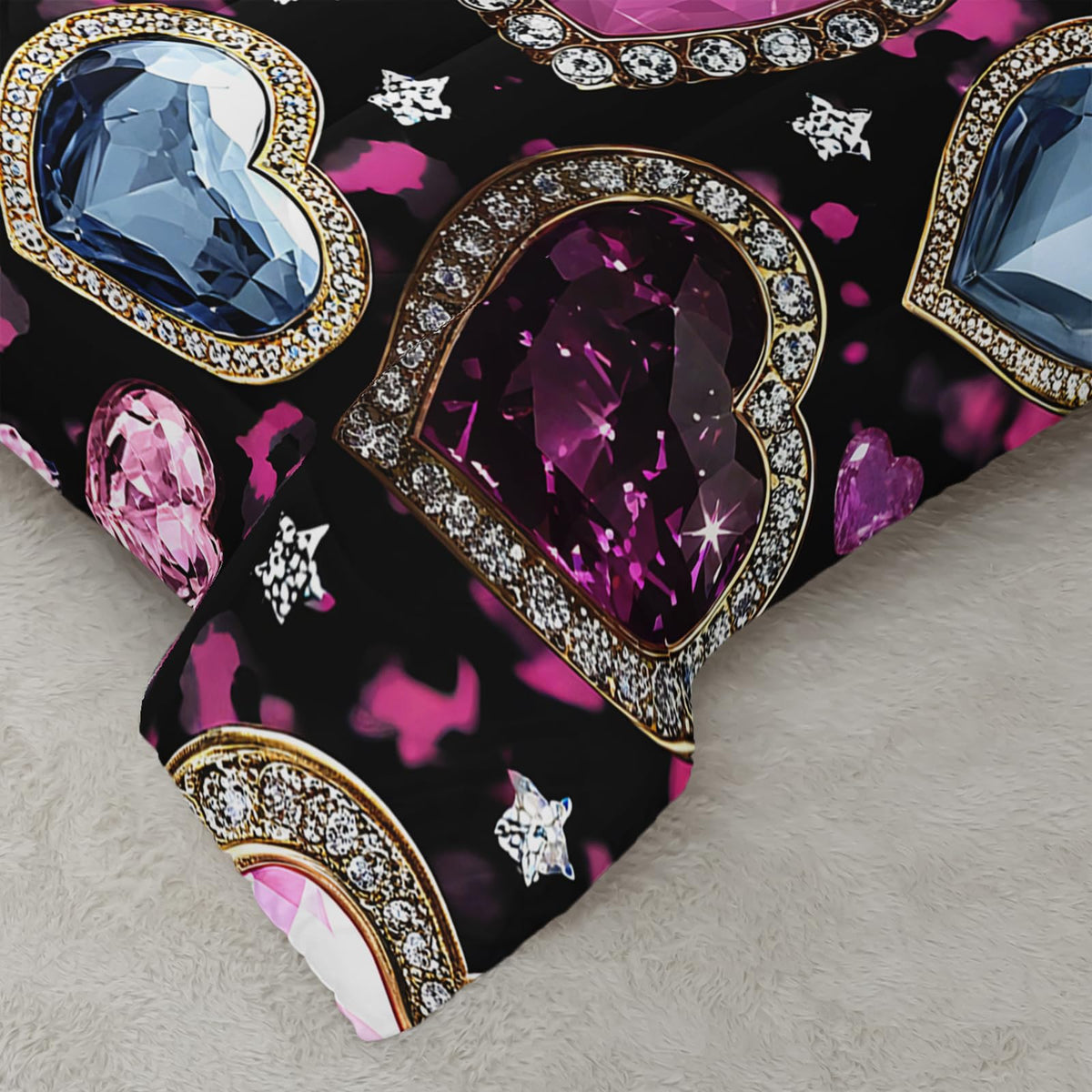 QOOMO Pink Heart Kids Full Comforter Set 3Pcs Leopard Love Heart Bedding Set for Girls Boys Crystal Diamond Printed Comforter with 2 Pillowcases Lightweight Microfiber for All Seasons