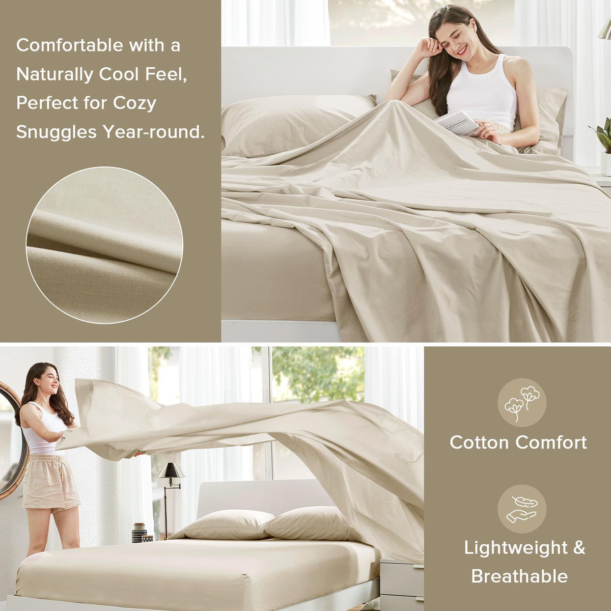 Comfort Spaces 100% Cotton Sheets Full, Breathable & Ultra Soft Cotton Sheets, Naturally Cool Cotton Bed Sheets with 14" Elastic Pocket Fits up to 16" Mattress, All Seasons Sheet Set, Cream 4 Piece