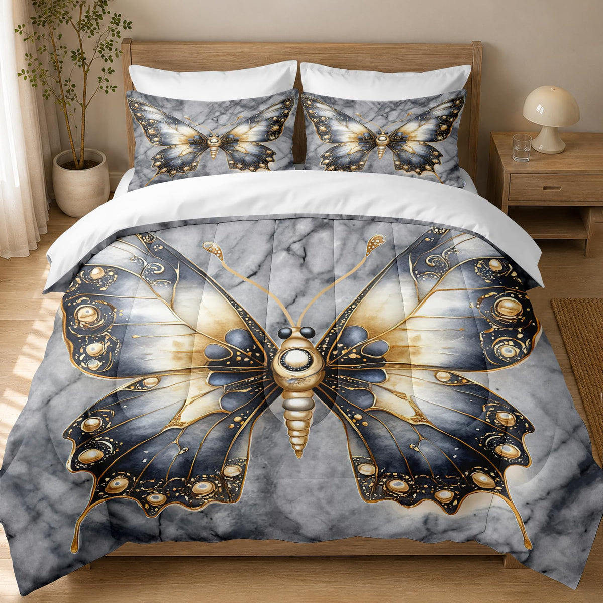 CCoutueChen Kids Butterfly Comforter Twin Size, Grey Marble Bedding Set, 2 Pcs Marble Texture Artistic Warm Microfiber Bed Set with 1 Pillowcase, 68"x86"