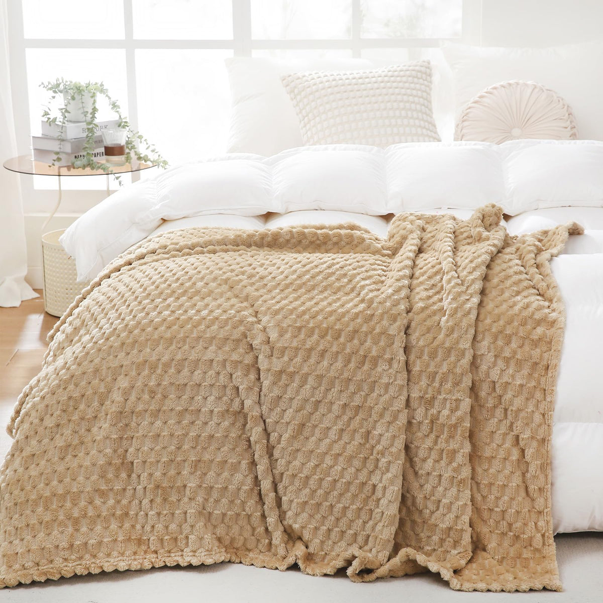 Beige Throw Blanket 50"×60" inches Fuzzy 3D Jacquard Decorative Flannel Fleece Super Soft Plush Cozy Blanket for Couch Sofa Chair Lightweight,Khaki