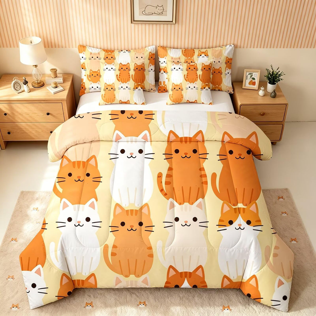 FUYEUN 7 Piece Cartoon Cute Cats Full Size Comforter Set for Girls Kids