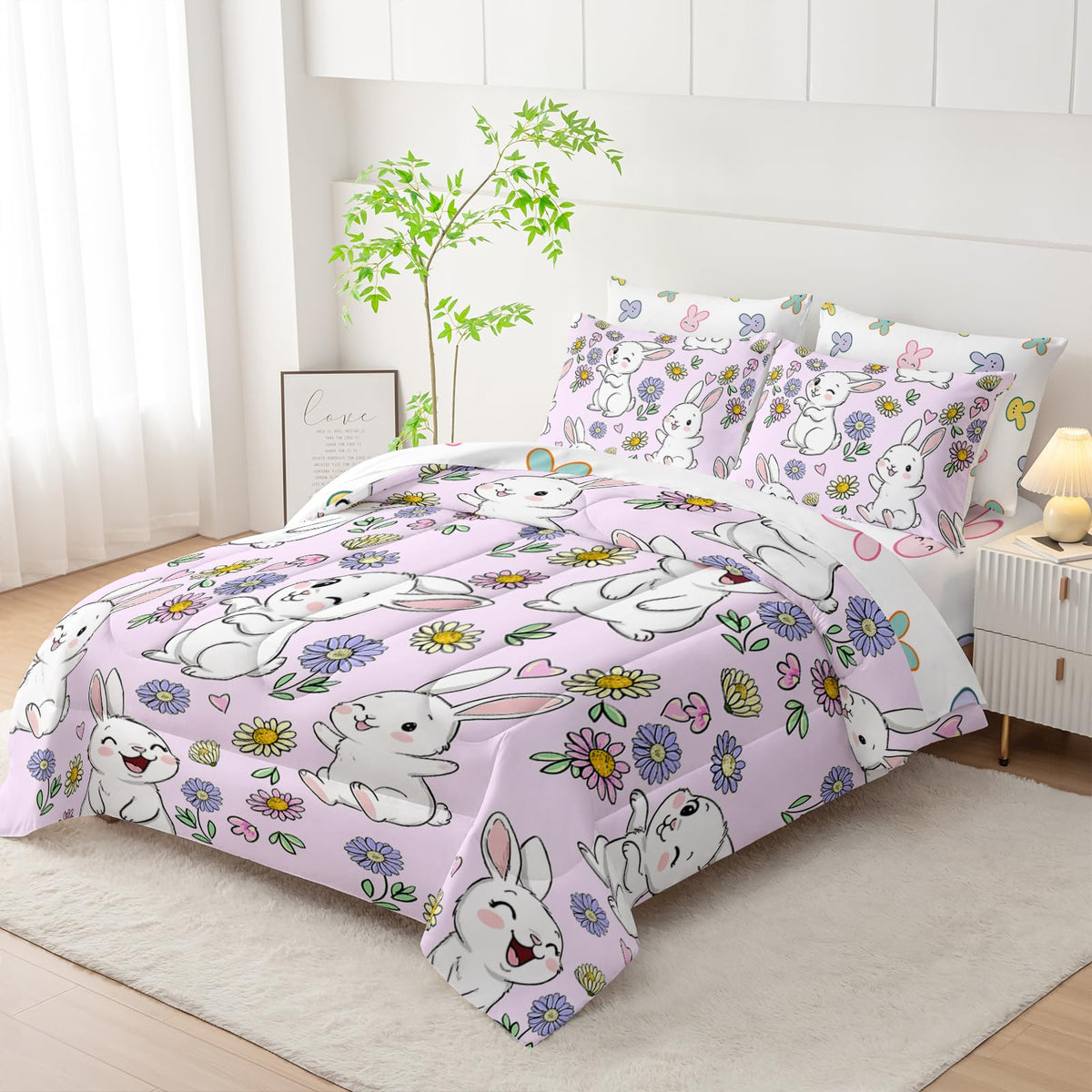 AILONEN Floral Rabbit Comforter Set Twin Size,7-Piece Soft Bed in a Bag, Cute Bunny Kawaii Comforter & Fitted Sheet & Flat Sheet & 2 Pillowcases,2 Pillow Shams
