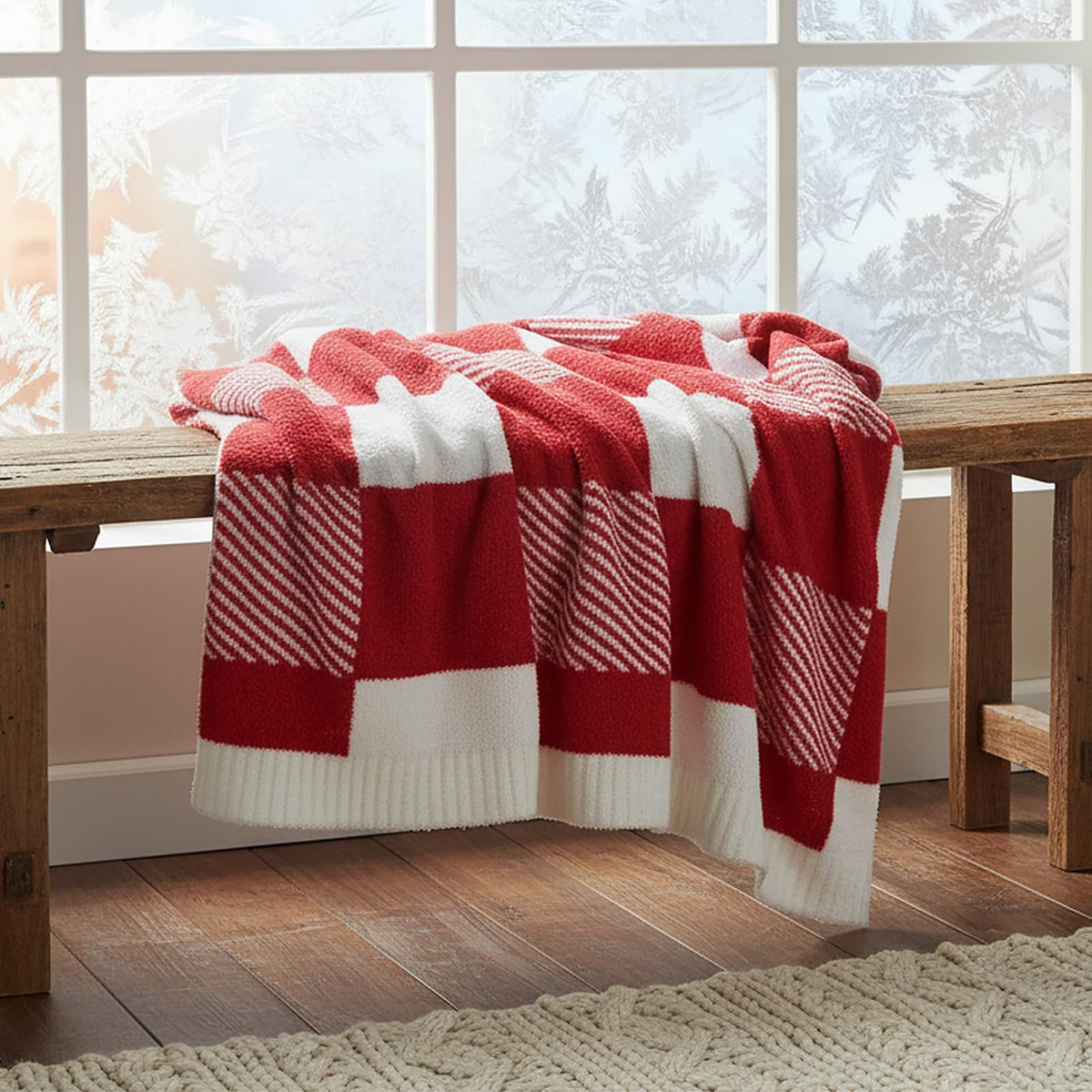 MACEVIA Knit Fuzzy Throw Blanket for Couch 50" x 60" (Checkered Red White)